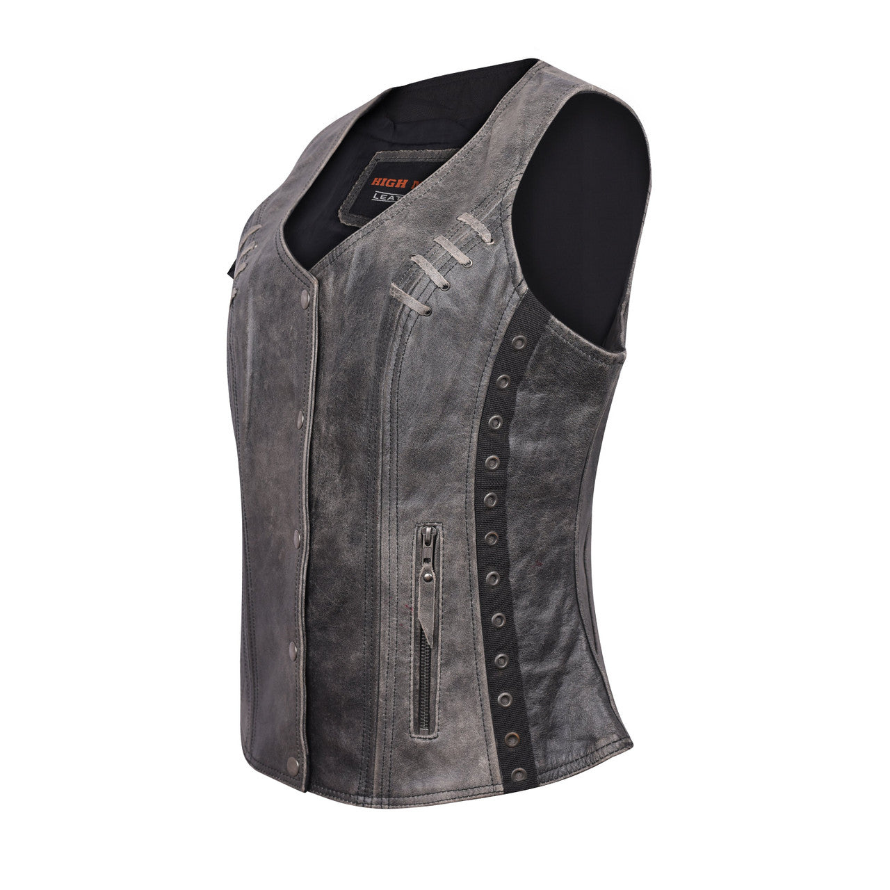 High Mileage HML1038DG Womens Distressed Gray Premium Soft Goatskin Leather Vest With Twill Lace and Grommet - side view