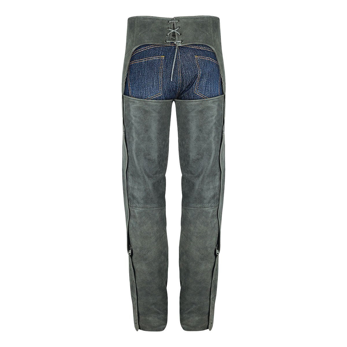 High Mileage HM814DG Men and Women Premium Cowhide Vintage Distressed Gray Biker Leather Motorcycle Chaps - Back View