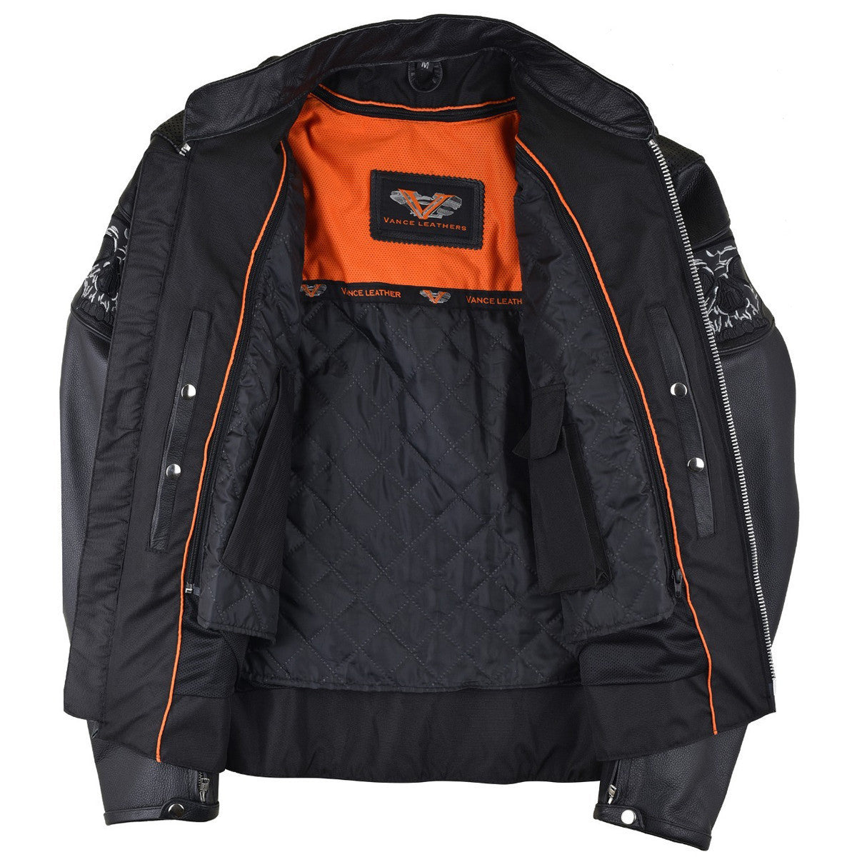Vance VL535S Men's Black Reflective Skull Leather Biker Motorcycle Riding Jacket - Inside View