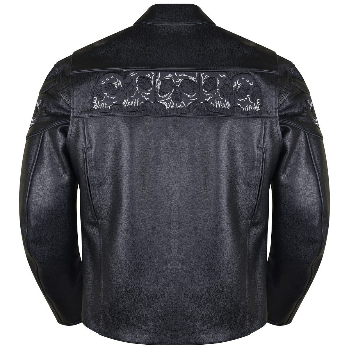 Vance VL535S Men's Black Reflective Skull Leather Biker Motorcycle Riding Jacket - Back View