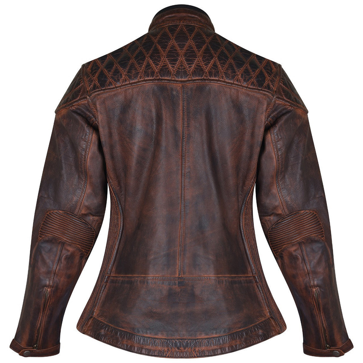 High Mileage HML621VB Women's Vintage Brown Lady Biker Motorcycle Riding Leather Jacket With Diamond Stitched Shoulders - Back View