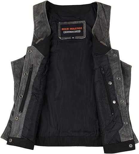 High Mileage HML1038DG Womens Distressed Gray Premium Soft Goatskin Leather Vest With Twill Lace and Grommet Highlights