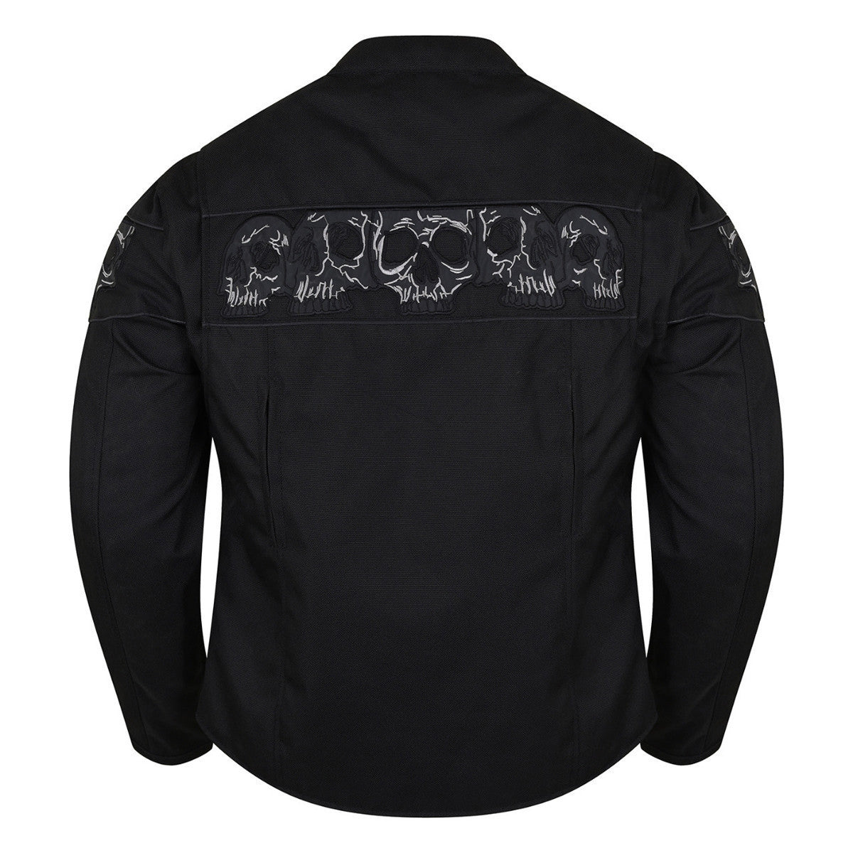 High Mileage HMM1535 Men's Concealed Carry Black Reflective Skulls Textile Motorcycle Jacket - Back View