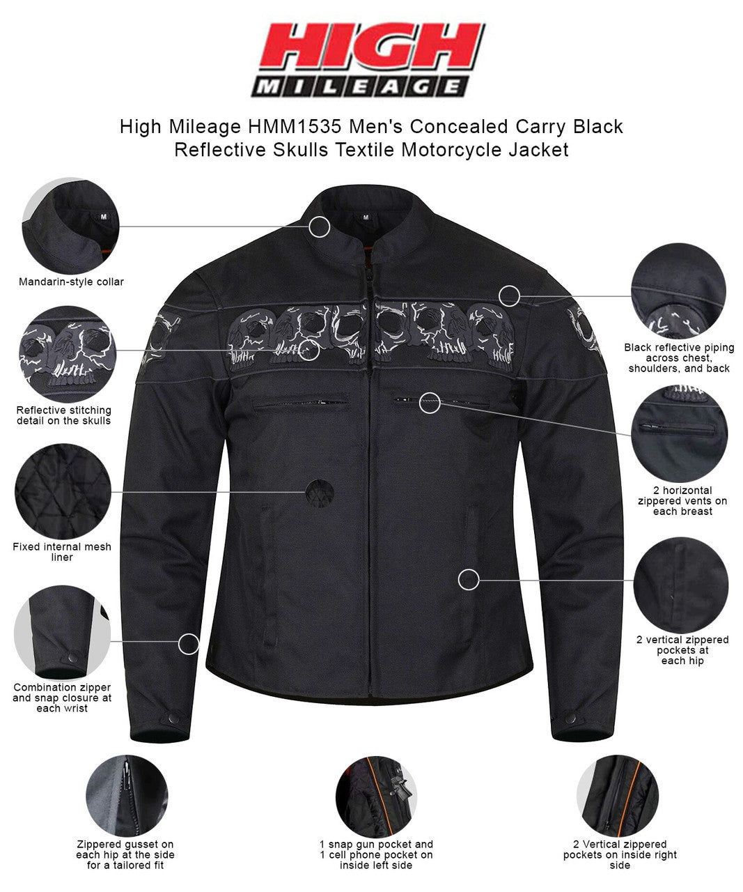 High Mileage HMM1535 Men's Concealed Carry Black Reflective Skulls Textile Motorcycle Jacket - Infgraphics