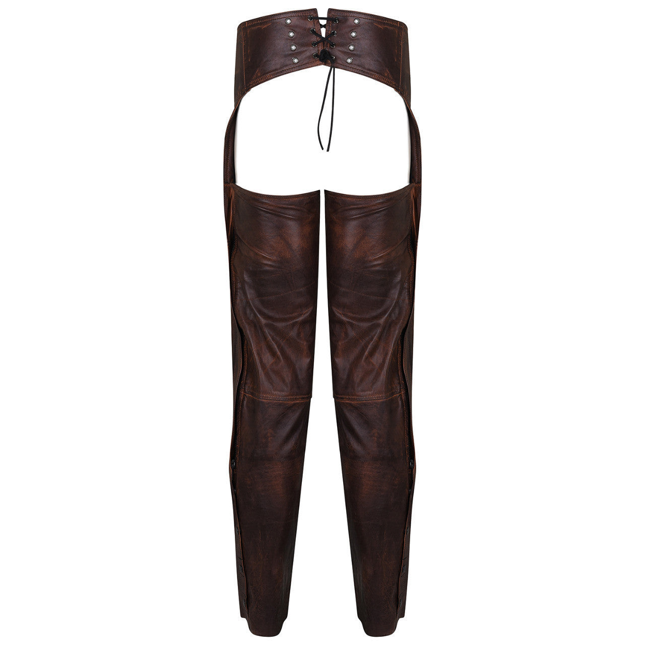 High Mileage HM814VB Men's and Women's Vintage Distressed Brown Biker Motorcycle Leather Chaps - Back View
