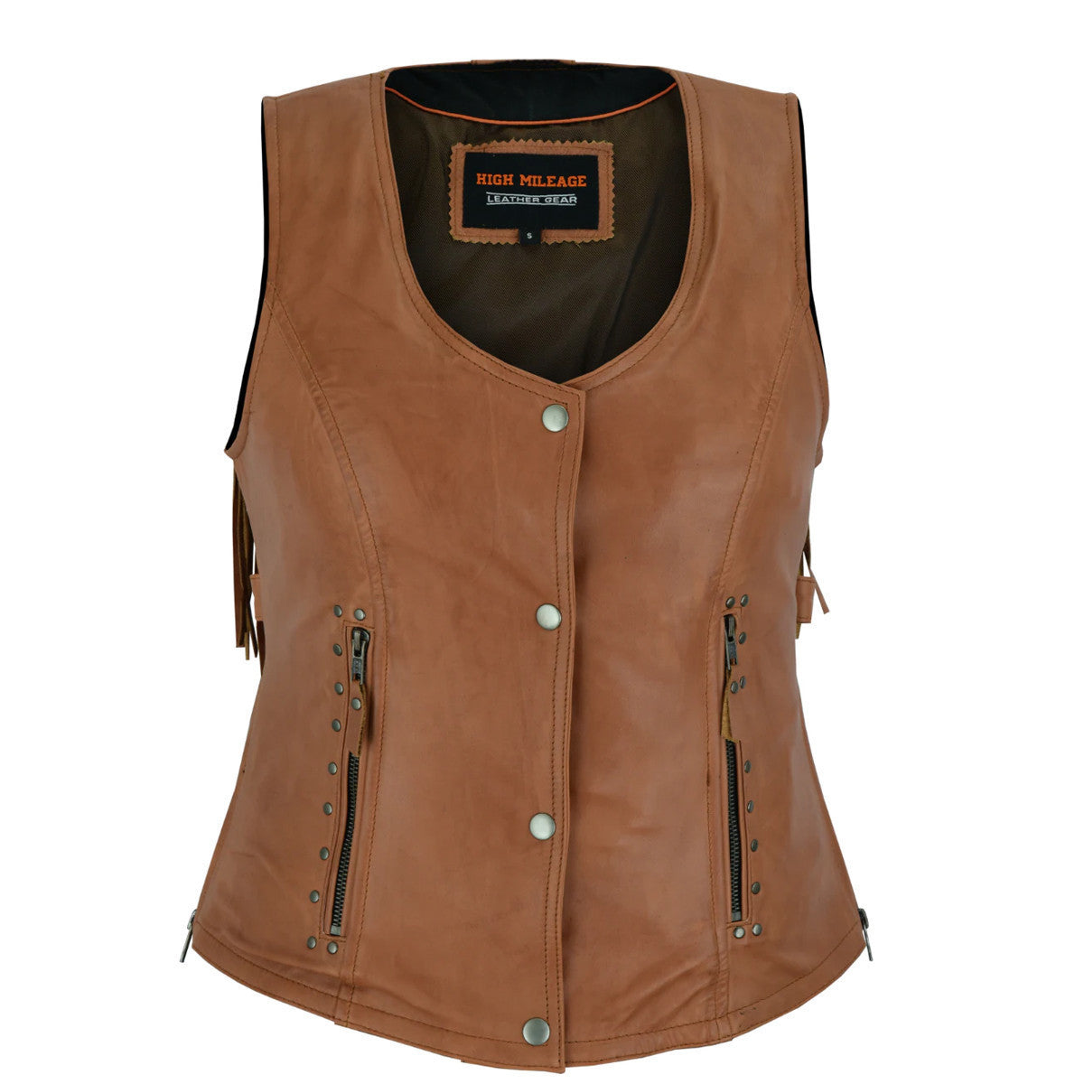 High Mileage HML1103T Ladies Premium Brown Vest with Fringes and Rivets - Open View
