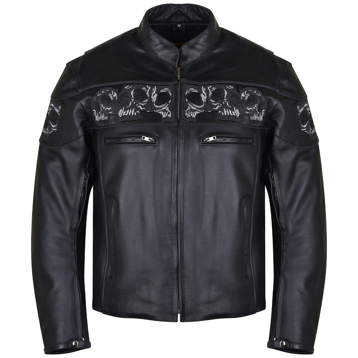Vance VL535 Men's Black Reflective Skulls Premium Cowhide Leather Biker Motorcycle Riding Jacket - main