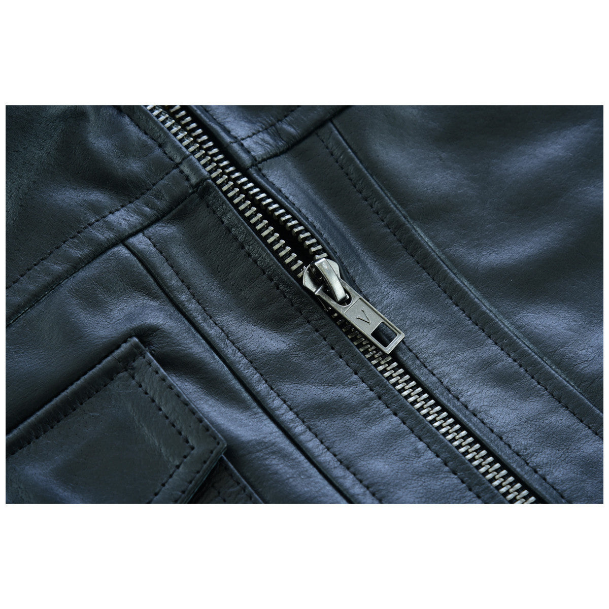 Vance Leather VL551B Men's Sven Bomber Black Waxed Premium Cowhide Motorcycle Leather Jacket with Removeable Hood - detail