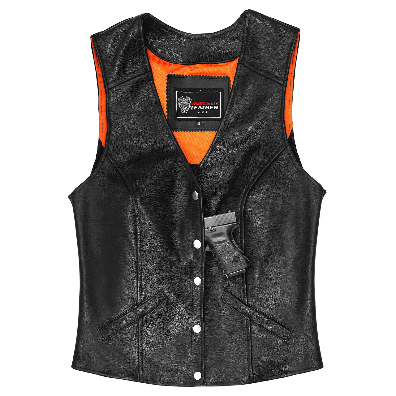 Womens-Five-Snap-Leather-Vest-Conceal-Carry-Pocket-gun-pocket-View