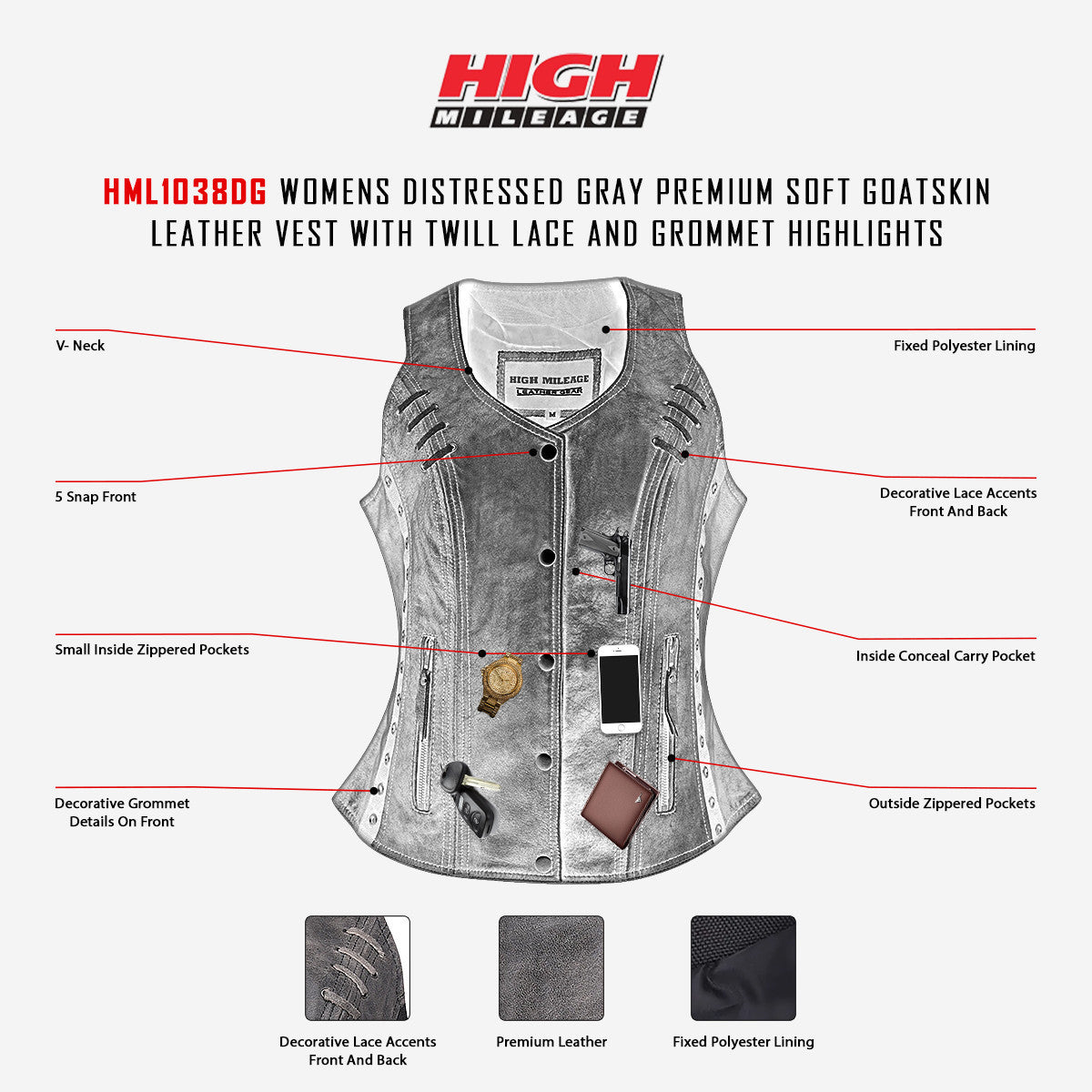 High Mileage HML1038DG Womens Distressed Gray Premium Soft Goatskin Leather Vest With Twill Lace and Grommet Highlights - Infographics