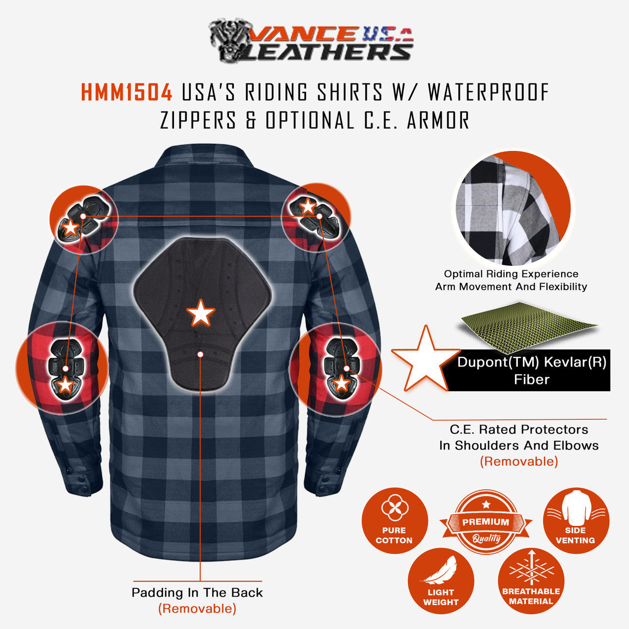 Vance Leathers USA's Riding Shirts W/Waterproof Zippers & C.E. Armor - back info