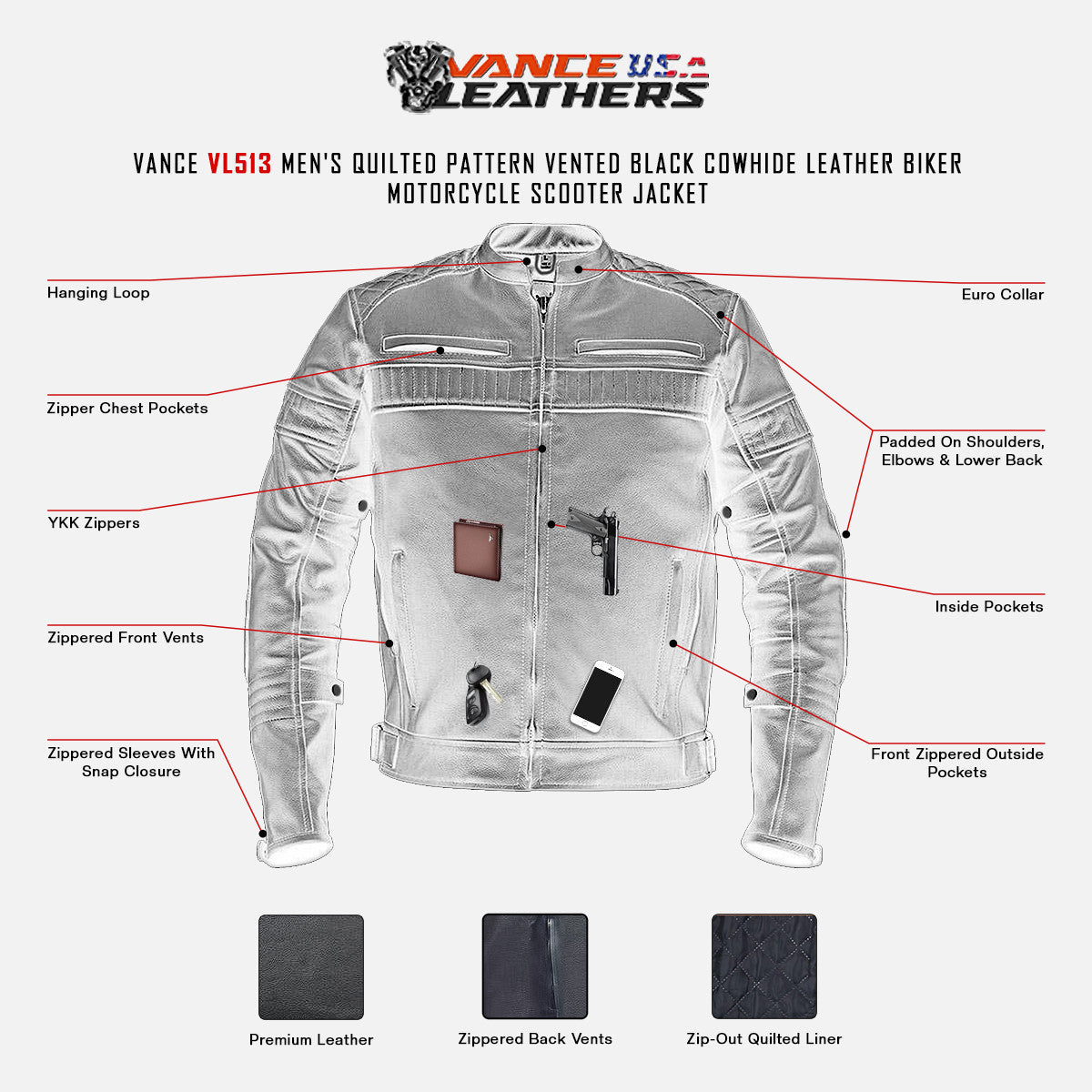 Vance VL513 Men's Quilted Pattern Vented Black Cowhide Leather Biker Motorcycle Scooter Jacket -Infographics