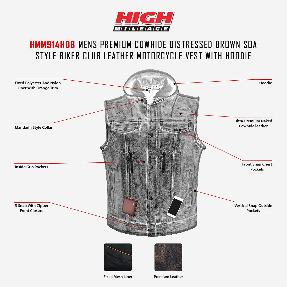 High Mileage HMM914HDB Mens Premium Cowhide Distressed Brown SOA Style Biker Club Leather Motorcycle Vest With Hoodie - Info-graphics