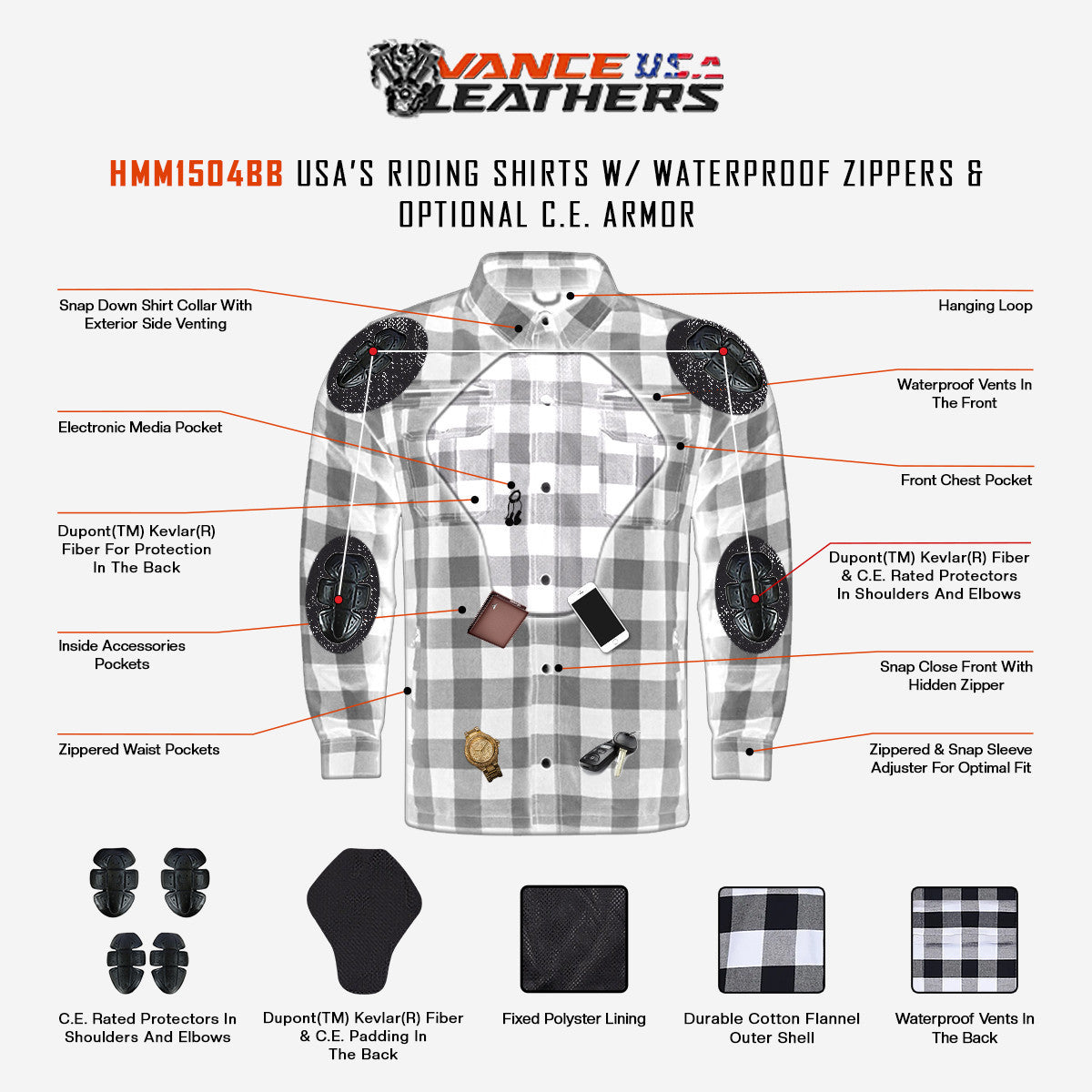 Vance Leathers USA's Riding Shirts W/Waterproof Zippers & C.E. Armor - Infographic