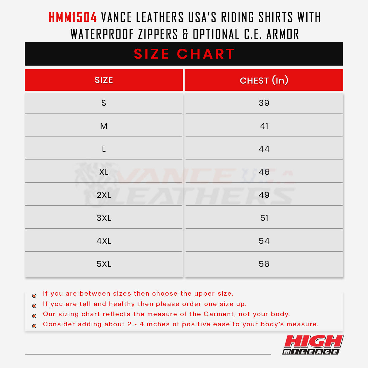 Vance Leathers USA's Riding Shirts W/Waterproof Zippers & C.E. Armor - Sizechart