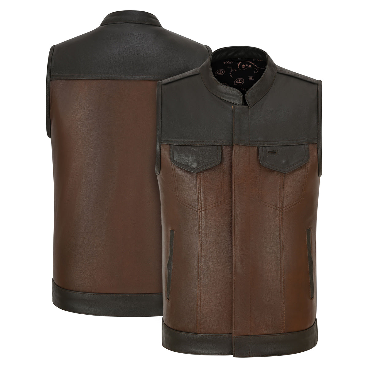 Vance VL914BrP Men's Two-Tone Brown & Black Leather Motorcycle Riding Club Vest with Paisley Liner & CCW Pockets - front & back