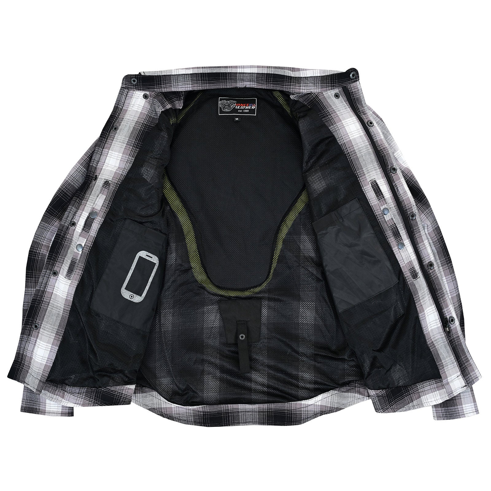 Men’s Timberwolf Armored Flannel Motorcycle Shirt w/Underarm Ventilation & CE Approved Armor Reinforced w/Aramid Fiber - Inside View