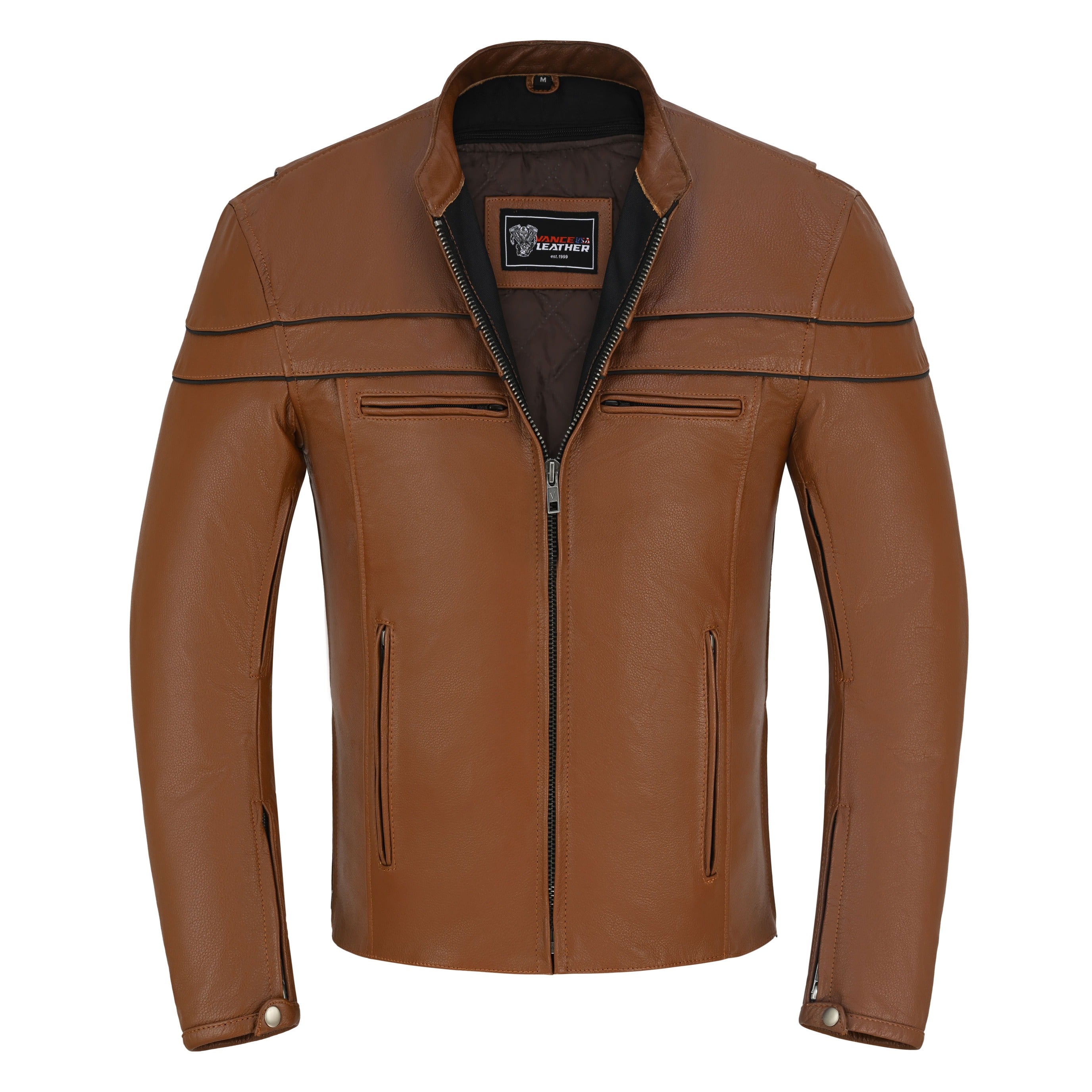 Men's Cognac Brown Premium Cowhide Cafe Racer Leather Motorcycle Jacket with Zipper Vents - Opened Zipper