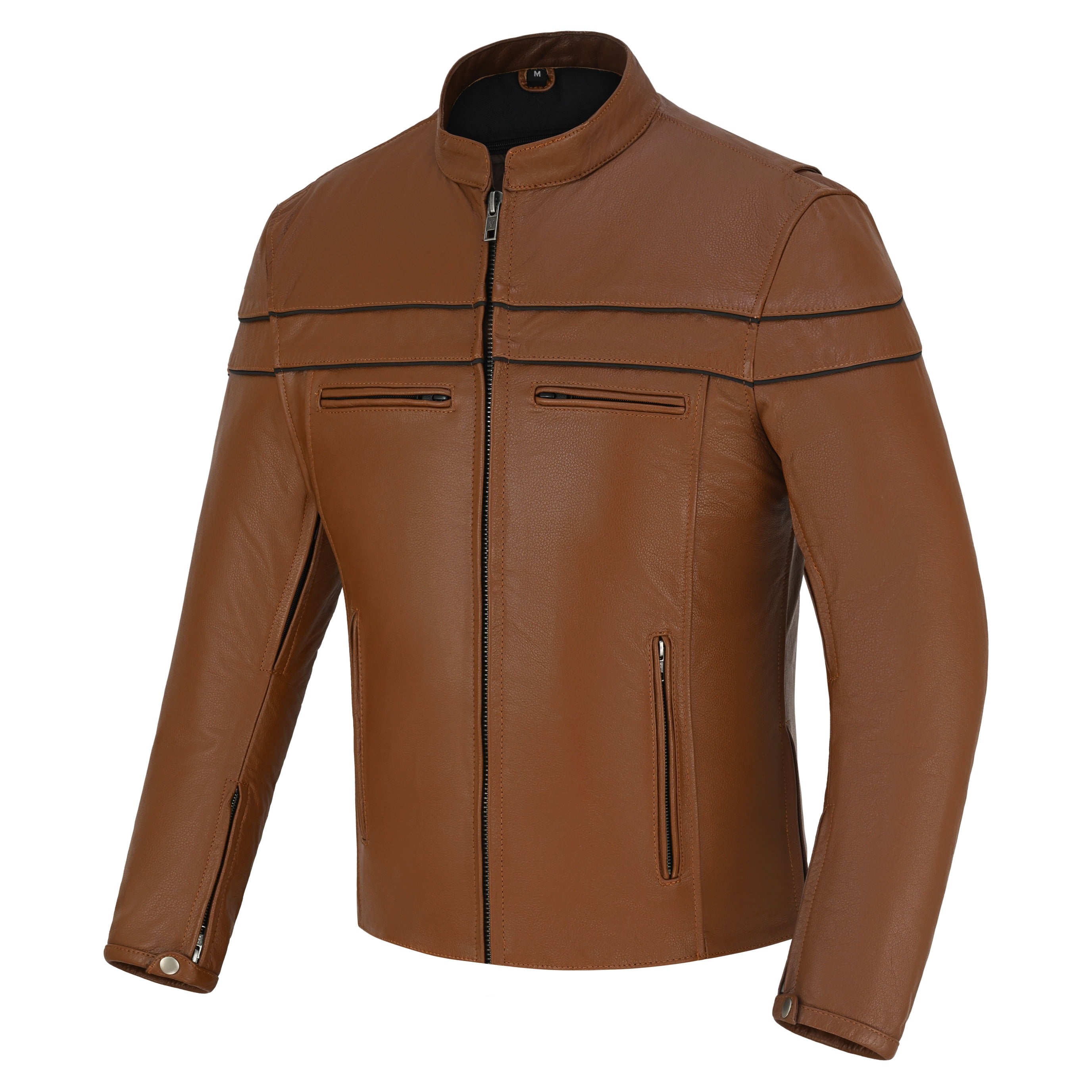 Men's Cognac Brown Premium Cowhide Cafe Racer Leather Motorcycle Jacket with Zipper Vents - Side