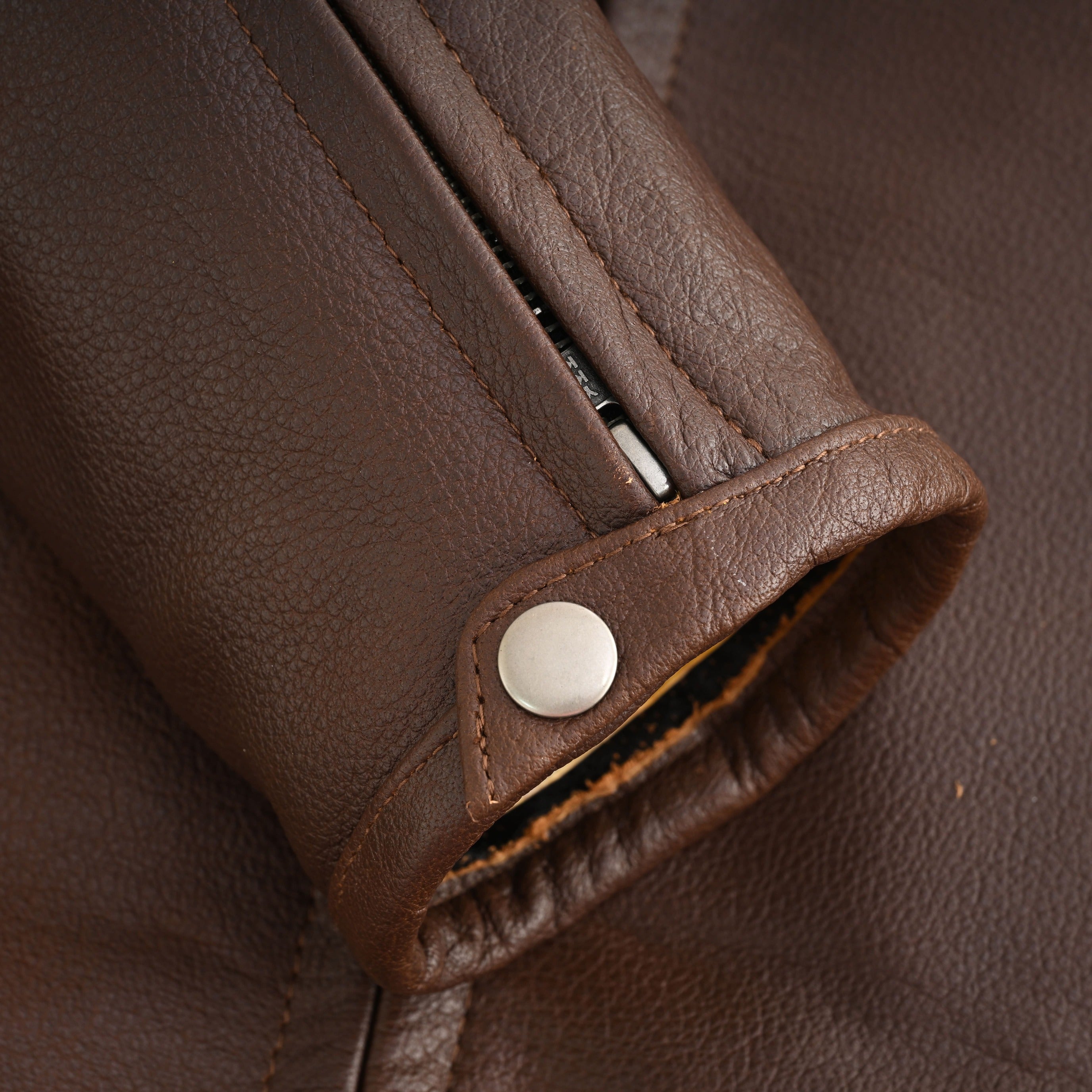 Men's Espresso Brown Premium Cowhide Cafe Racer Leather Motorcycle Jacket with Zipper Vents - opened zipper - cuffs