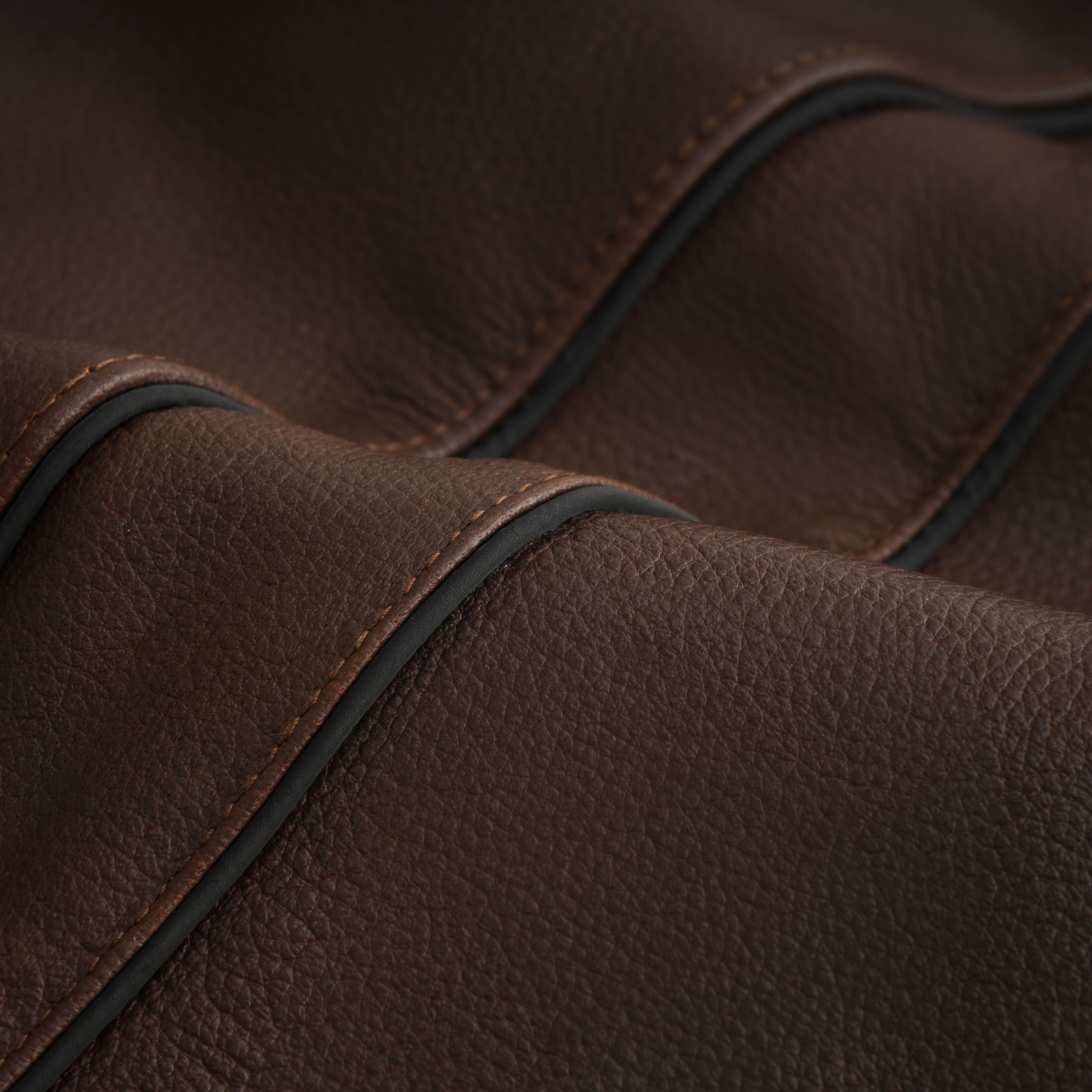 Men's Espresso Brown Premium Cowhide Cafe Racer Leather Motorcycle Jacket with Zipper Vents - opened zipper - black racing stripes