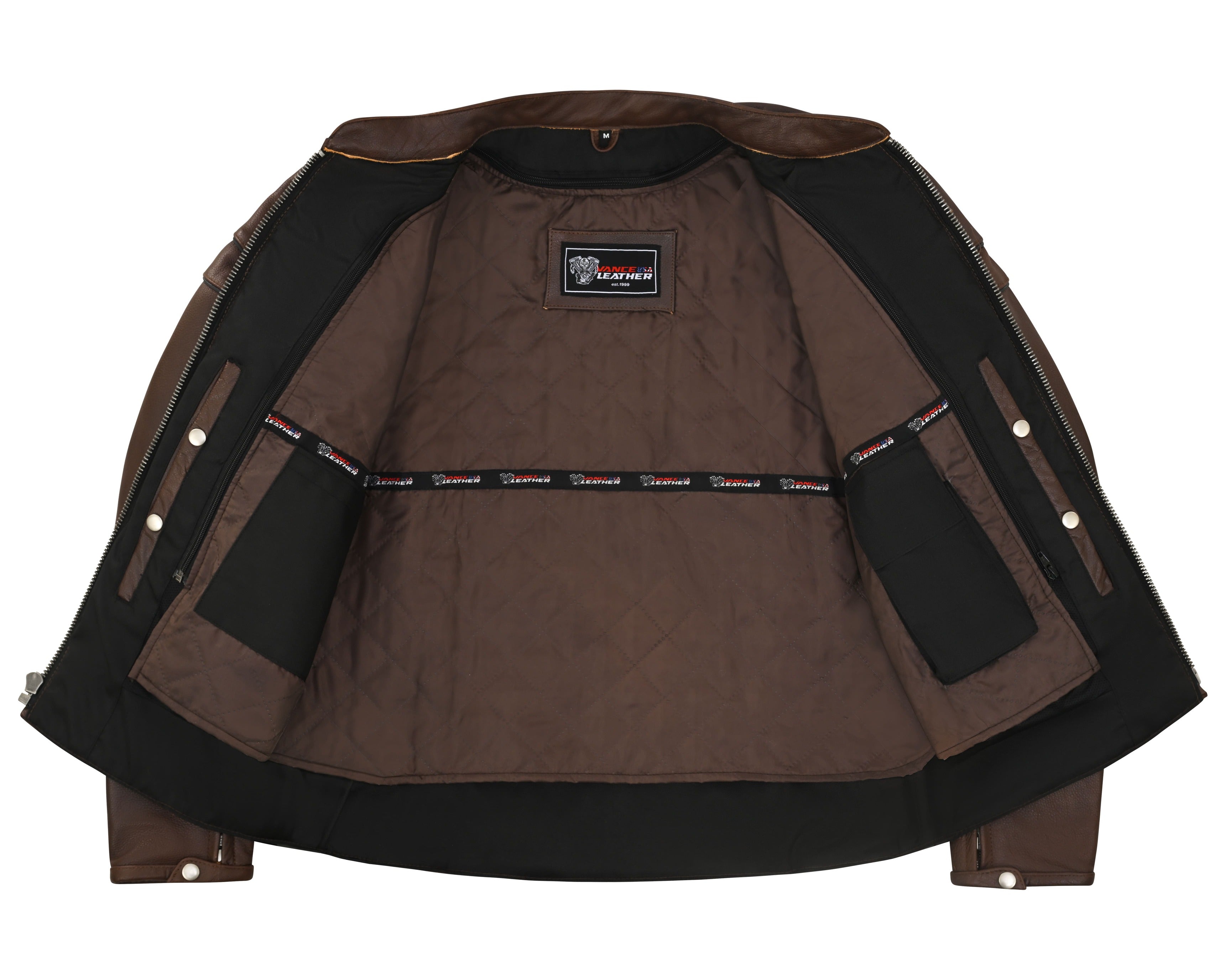 Men's Espresso Brown Premium Cowhide Cafe Racer Leather Motorcycle Jacket with Zipper Vents - opened zipper - Inside View