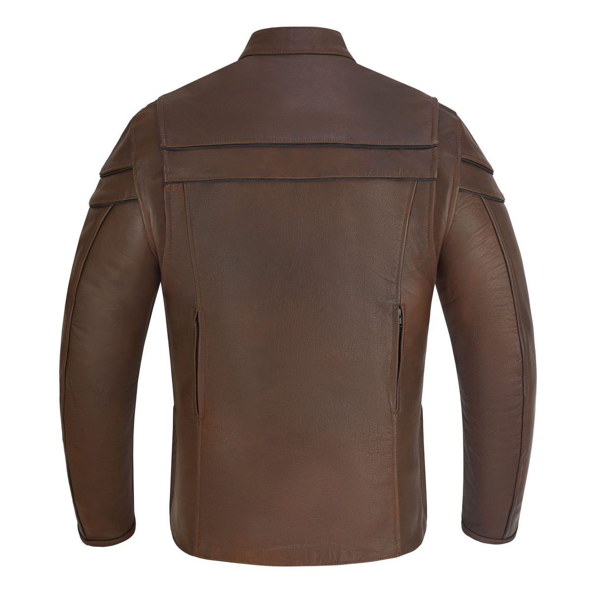 Men's Espresso Brown Premium Cowhide Cafe Racer Leather Motorcycle Jacket with Zipper Vents - opened zipper - Back