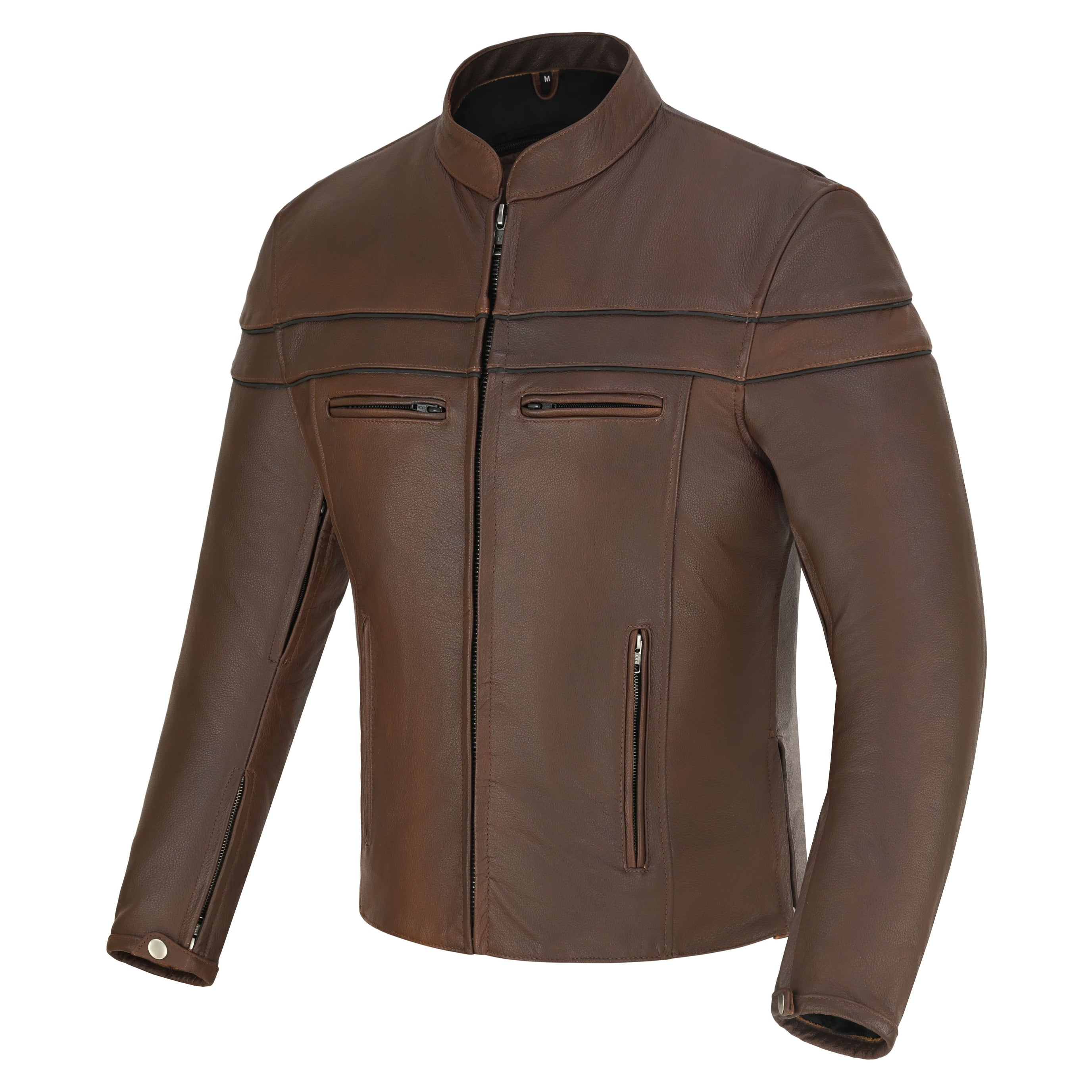 Men's Espresso Brown Premium Cowhide Cafe Racer Leather Motorcycle Jacket with Zipper Vents - Side