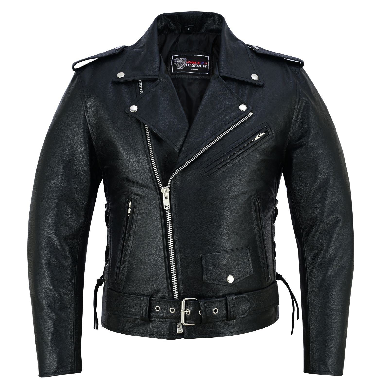 Men's Black Leather Motorcycle Jacket with CE Armor, Classic Biker Style w/ Side Lace & Belted Waist - Front