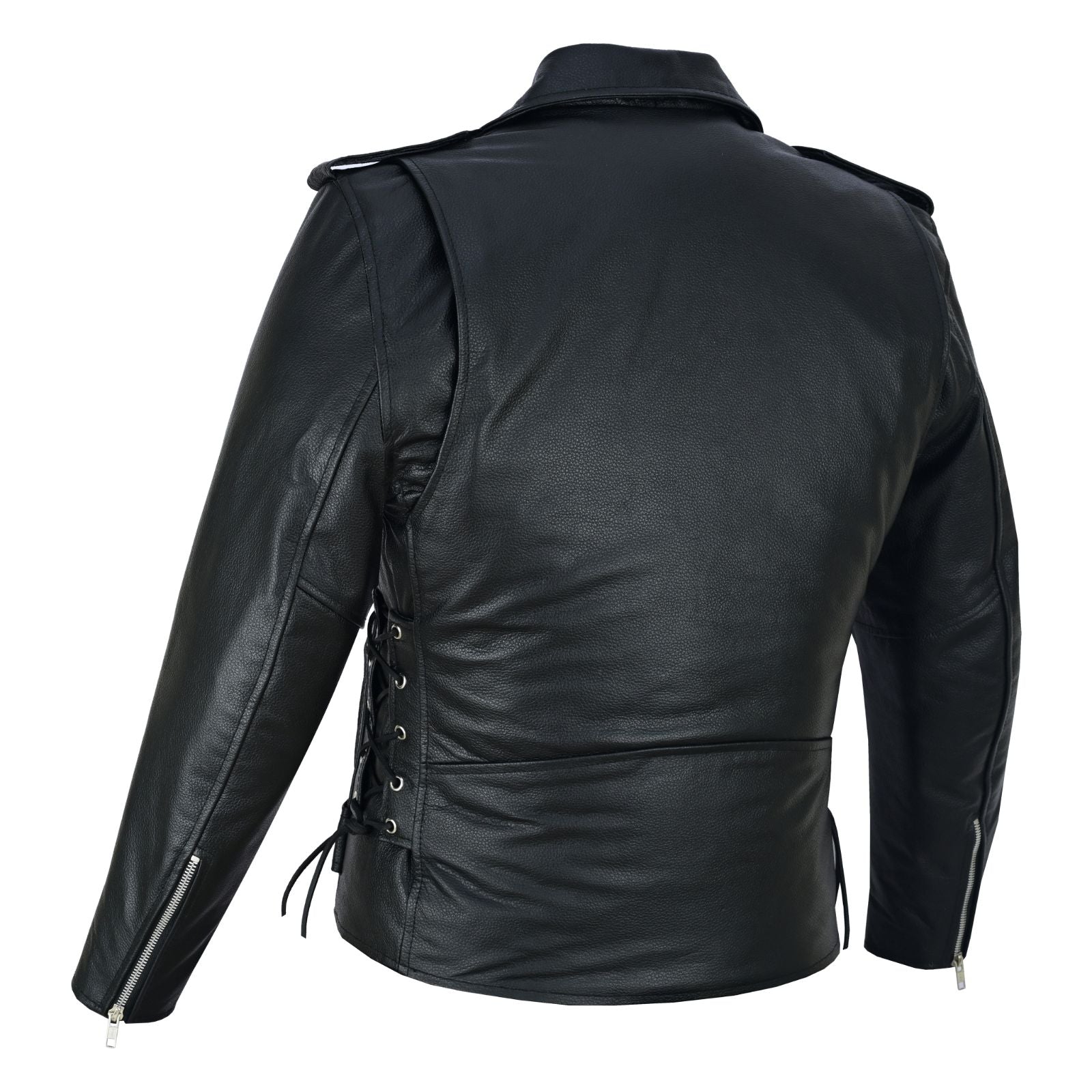 Men's Black Leather Motorcycle Jacket with CE Armor, Classic Biker Style w/ Side Lace & Belted Waist - Back Side View