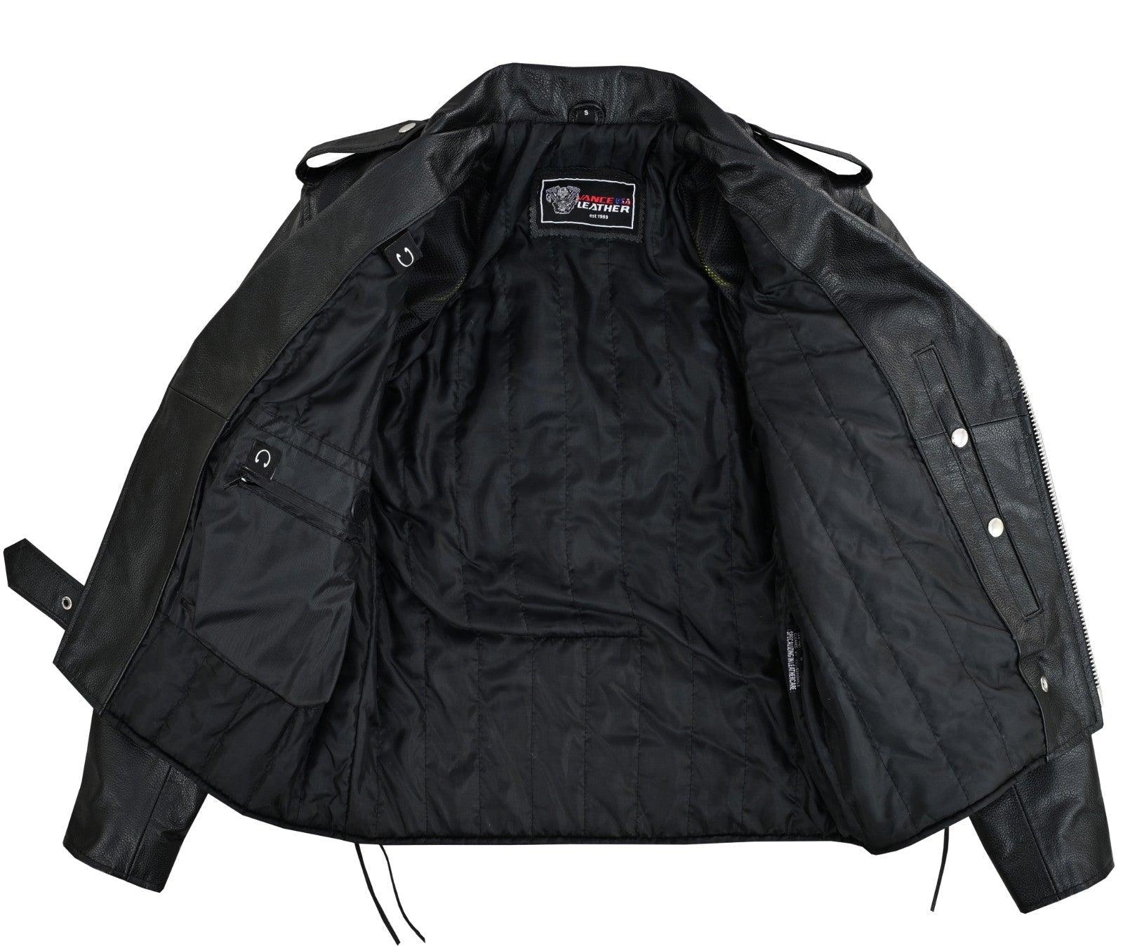 Men's Black Leather Motorcycle Jacket with CE Armor, Classic Biker Style w/ Side Lace & Belted Waist - Inside View
