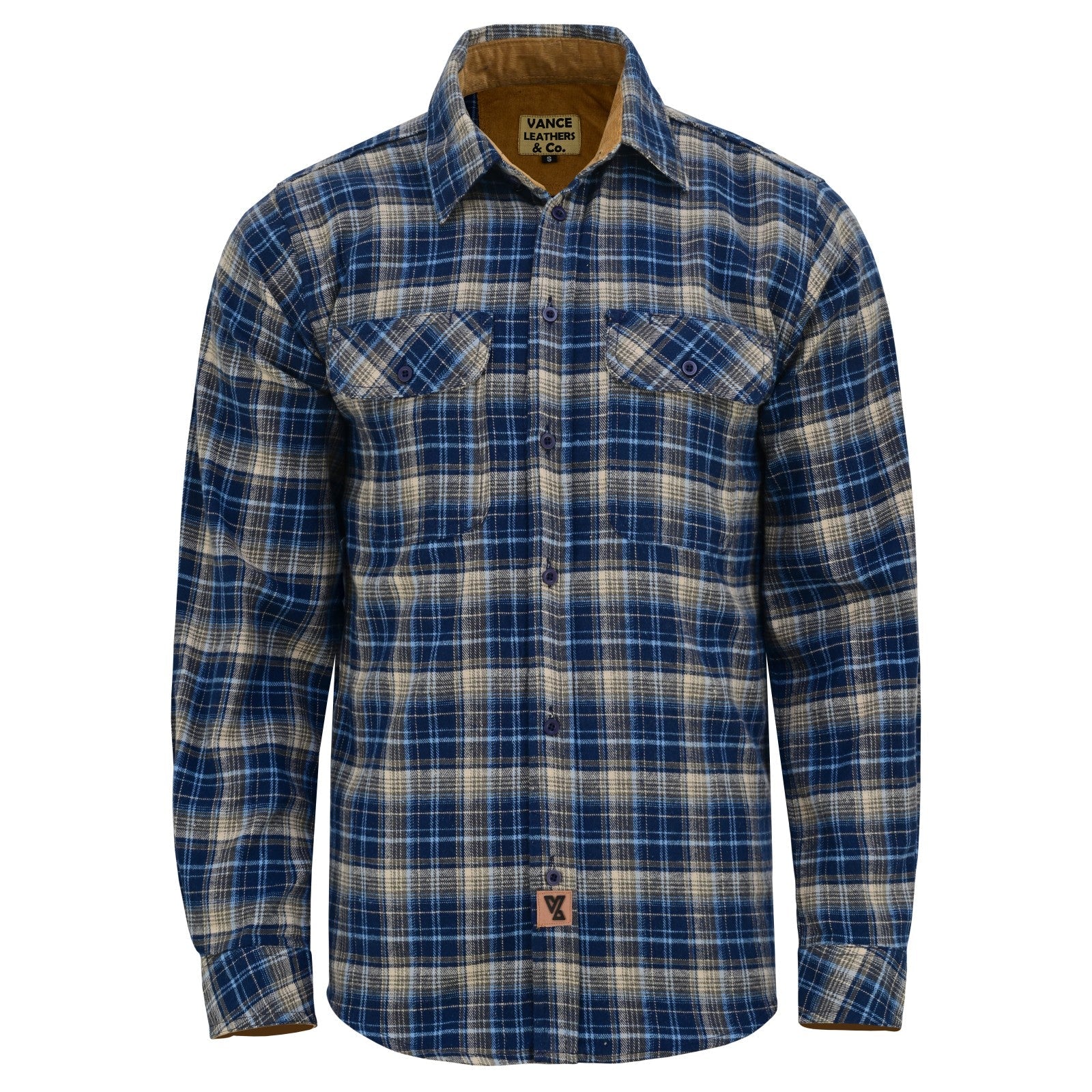 mens-keen-midnight-long-sleeve-plaid-button-down-casual-flannel-shirt-corduroy-collar-cuffs-front-view