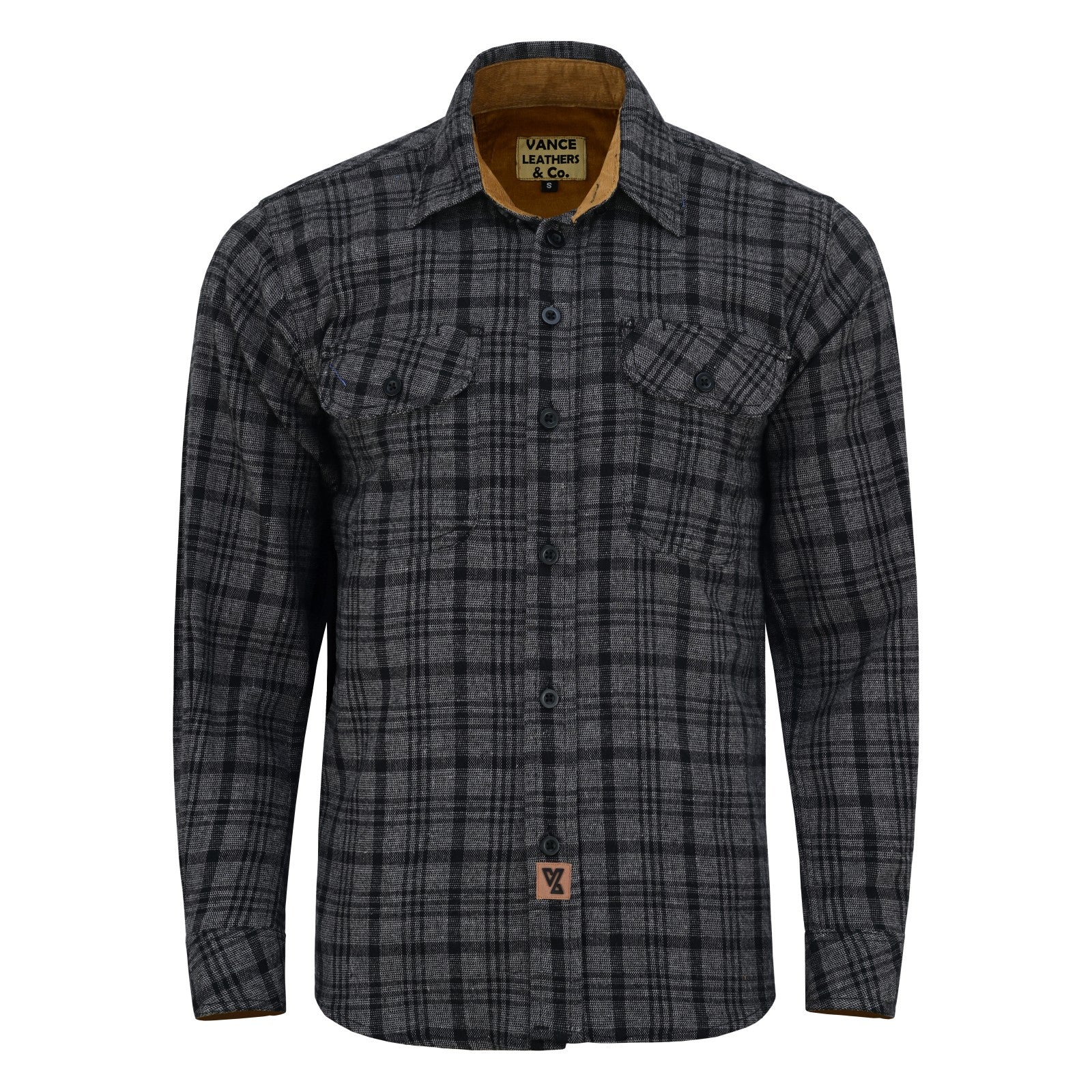 mens-dark-truffle-long-sleeve-plaid-button-down-casual-flannel-shirt-corduroy-collar-cuffs-front-view