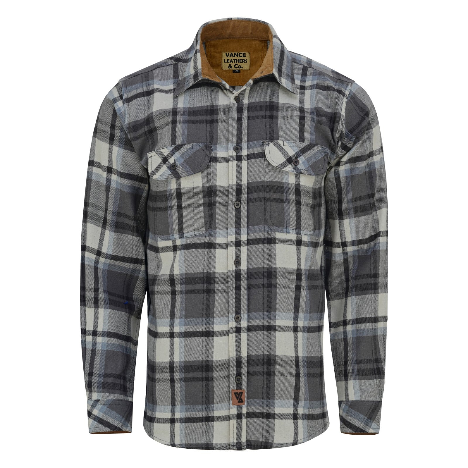 mens-charcoal-checkered-long-sleeve-plaid-button-down-casual-flannel-shirt-corduroy-collar-cuffs-front-view