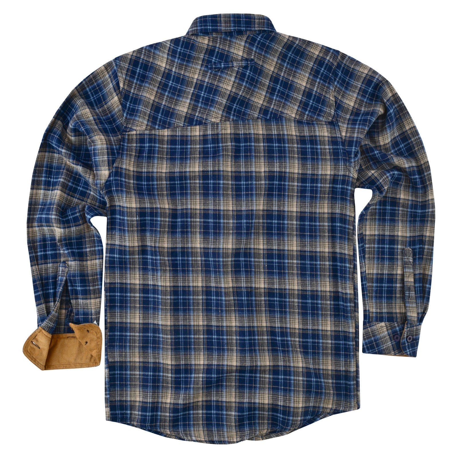 mens-keen-midnight-long-sleeve-plaid-button-down-casual-flannel-shirt-corduroy-collar-cuffs-flat-back-view
