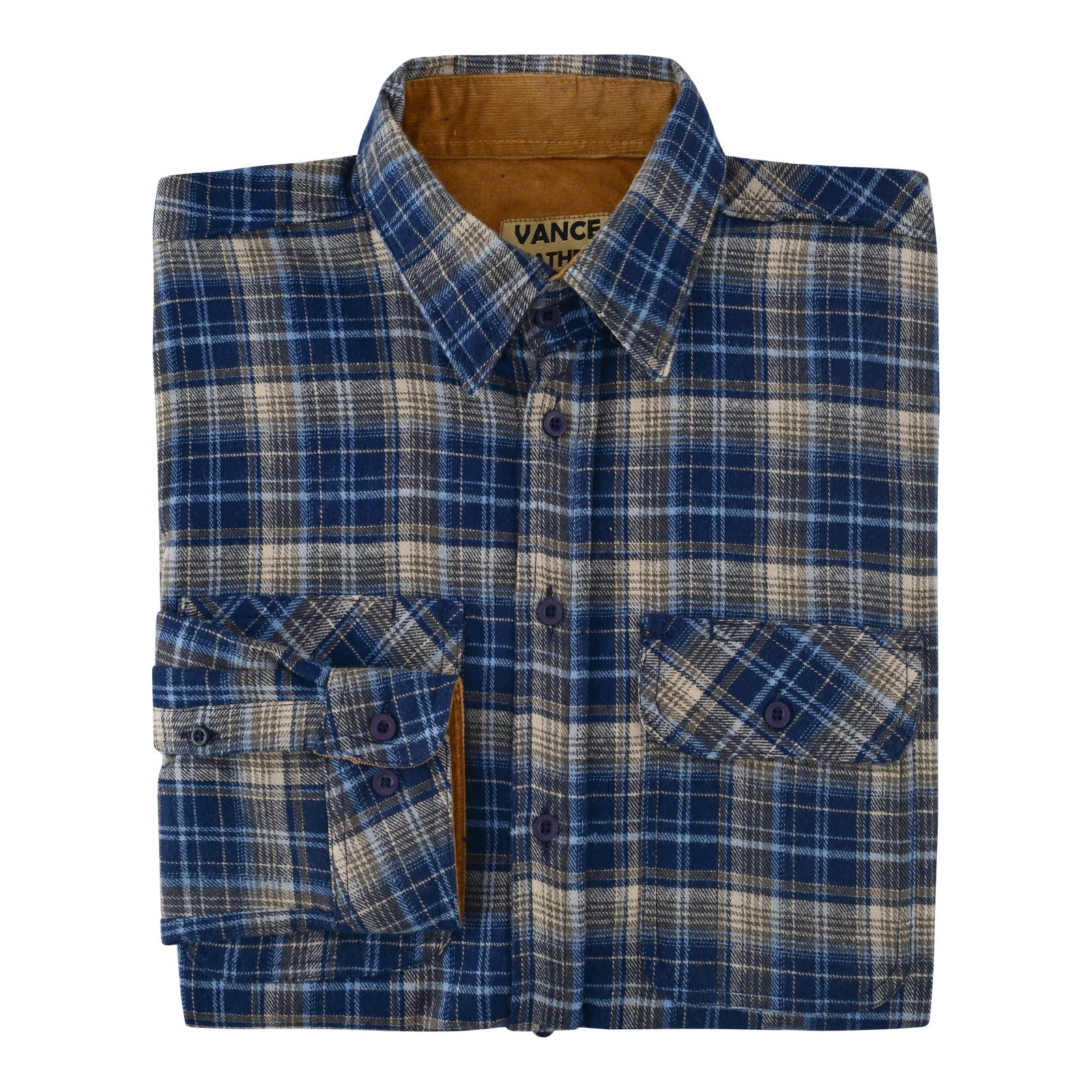 mens-keen-midnight-long-sleeve-plaid-button-down-casual-flannel-shirt-corduroy-collar-cuffs-folded