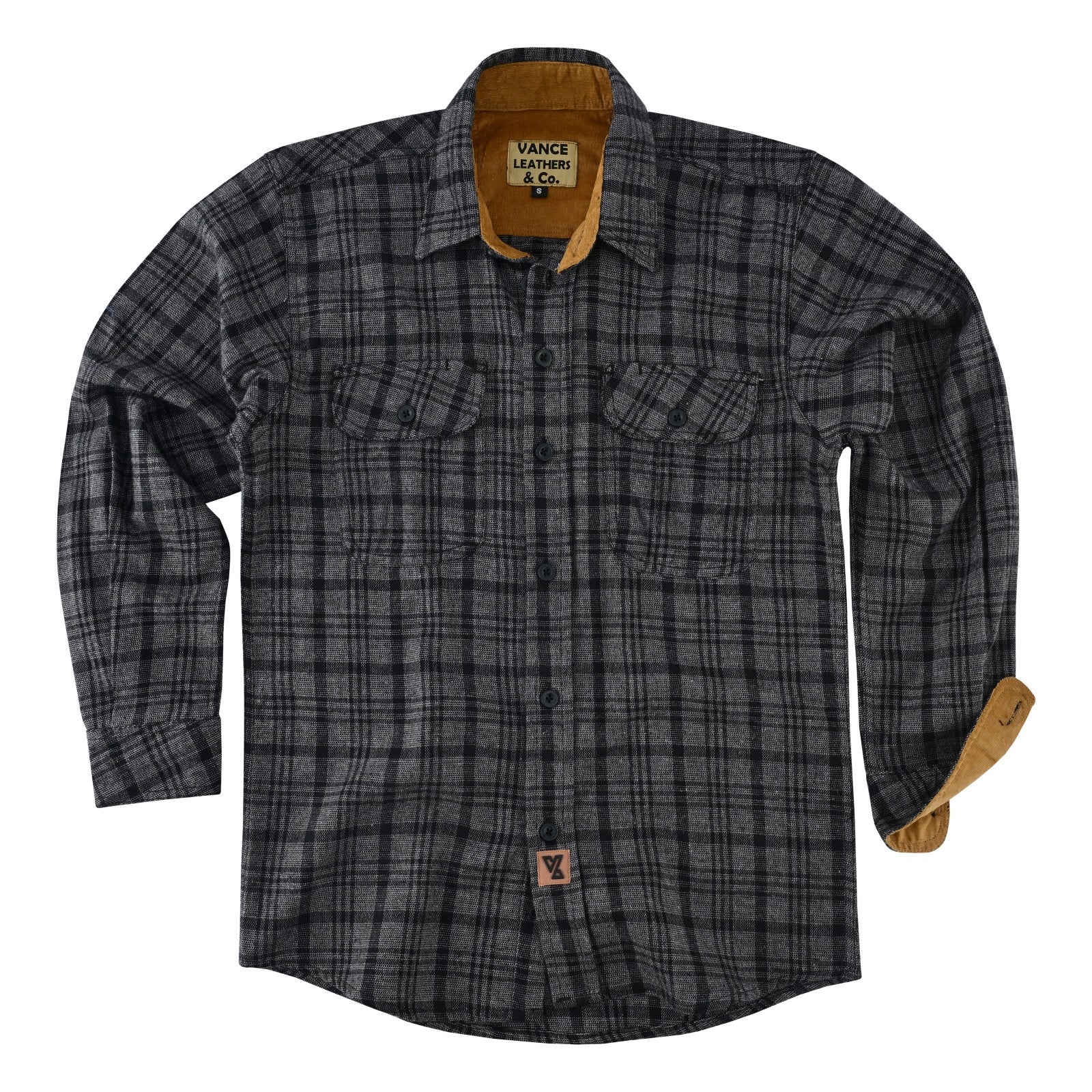 mens-dark-truffle-long-sleeve-plaid-button-down-casual-flannel-shirt-corduroy-collar-cuffs-flat-front-view