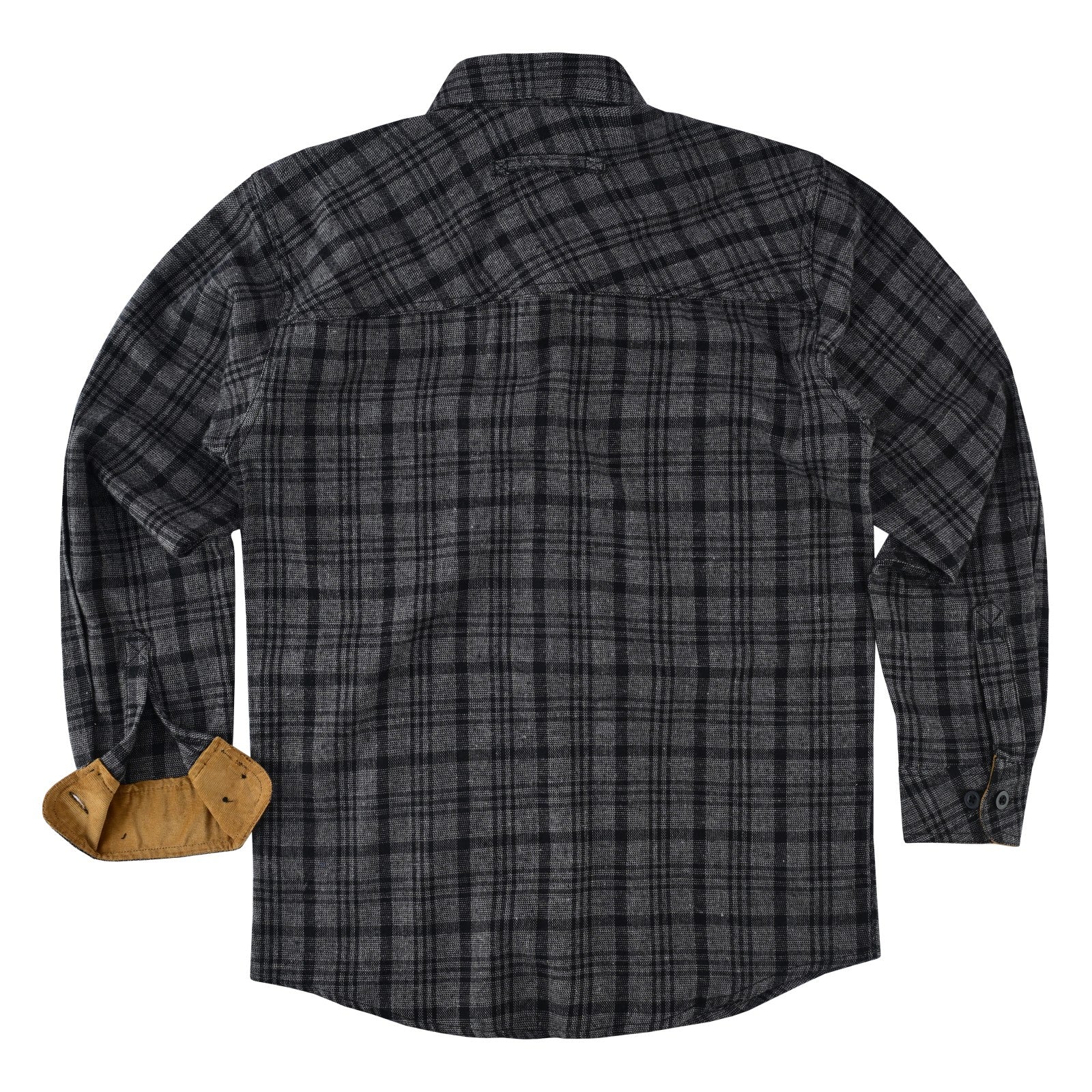 mens-dark-truffle-long-sleeve-plaid-button-down-casual-flannel-shirt-corduroy-collar-cuffs-flat-back-view