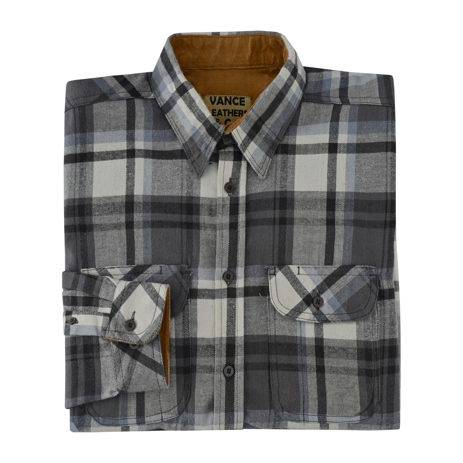 mens-charcoal-checkered-long-sleeve-plaid-button-down-casual-flannel-shirt-corduroy-collar-cuffs-folded