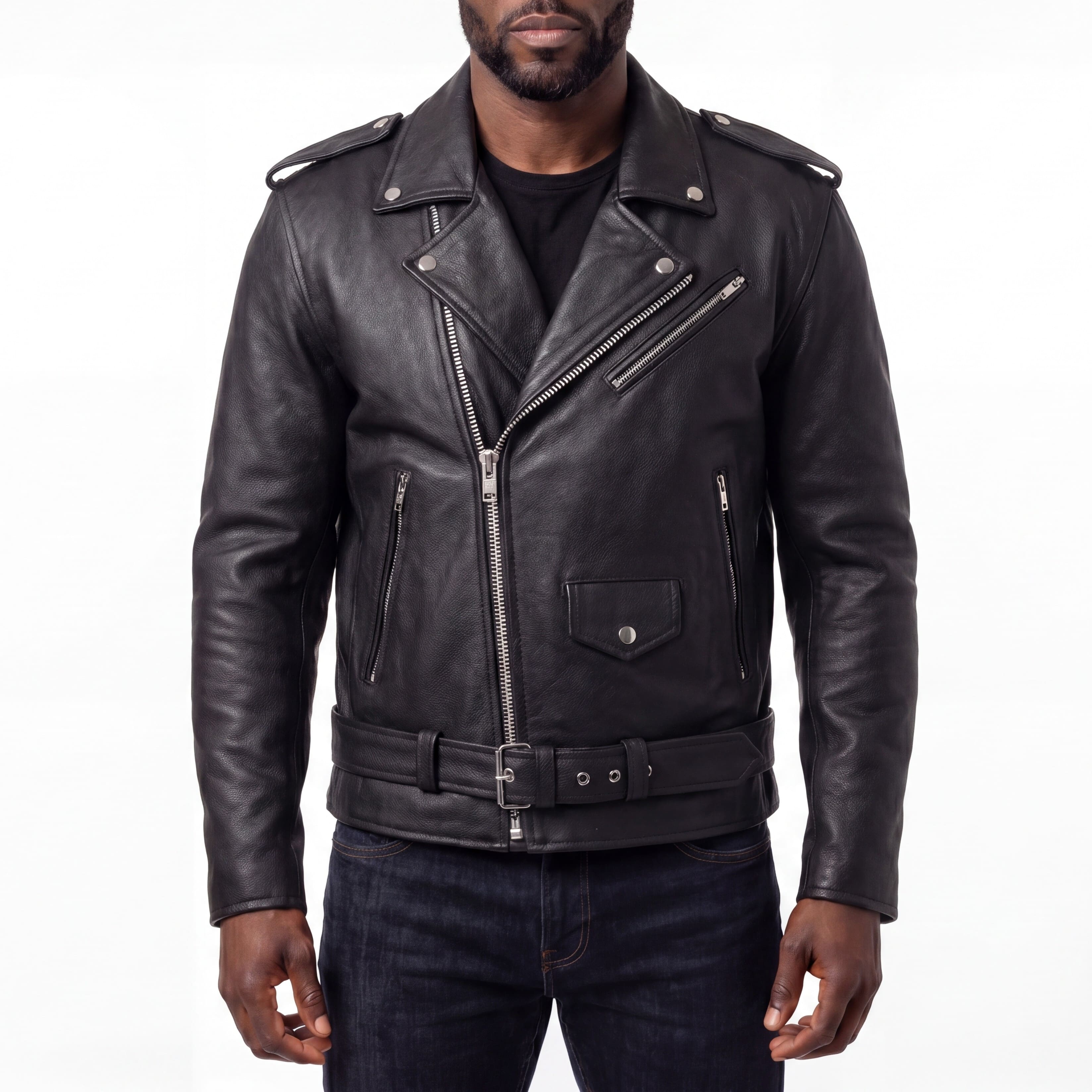 Mens Eagle Embossed Live To Ride - Ride To Live Classic Black Leather Motorcycle Jacket - Front