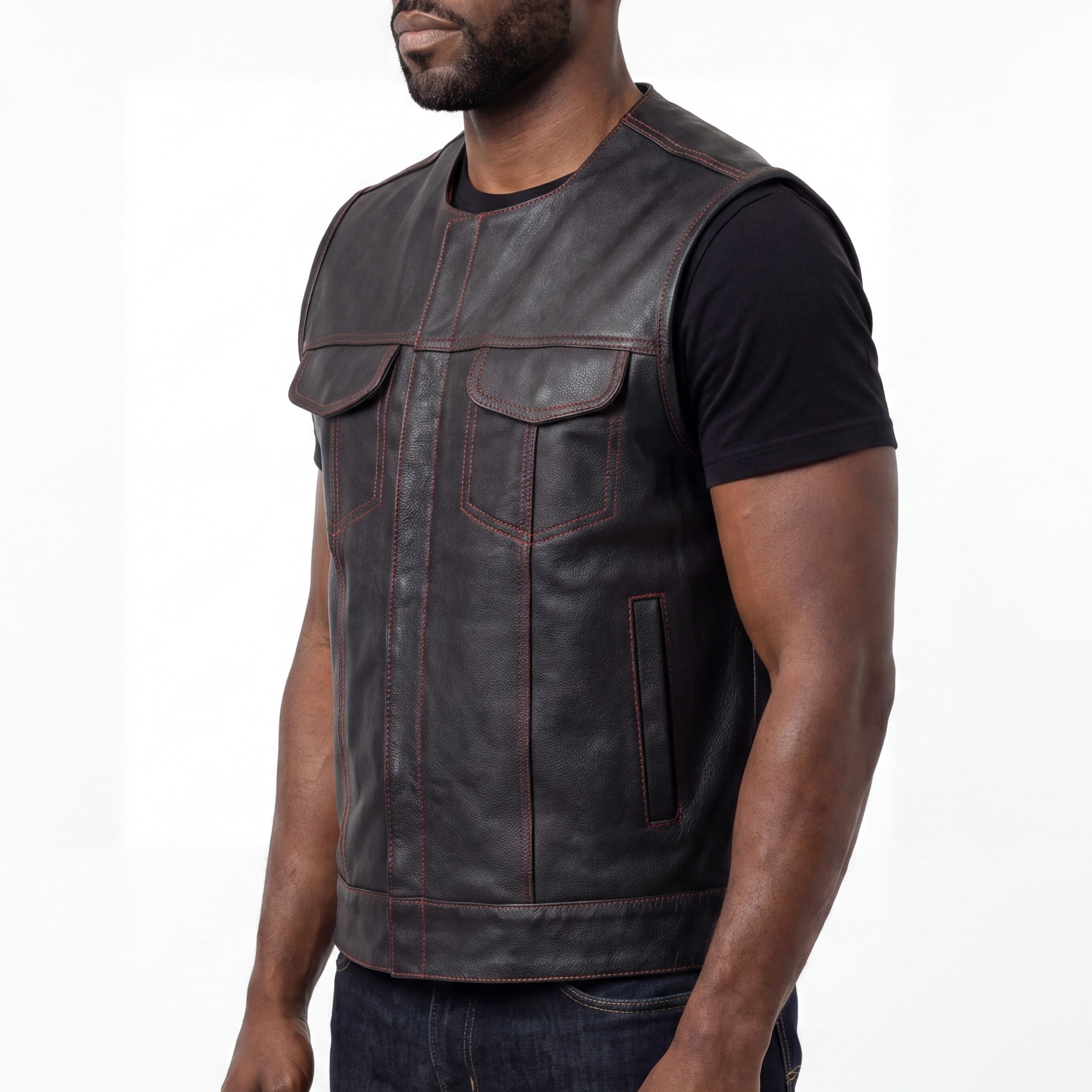 High Mileage Men's Black Premium Cowhide Leather SOA Style Club Vest With Quick Access Conceal Carry Pocket and Red Liner side pose