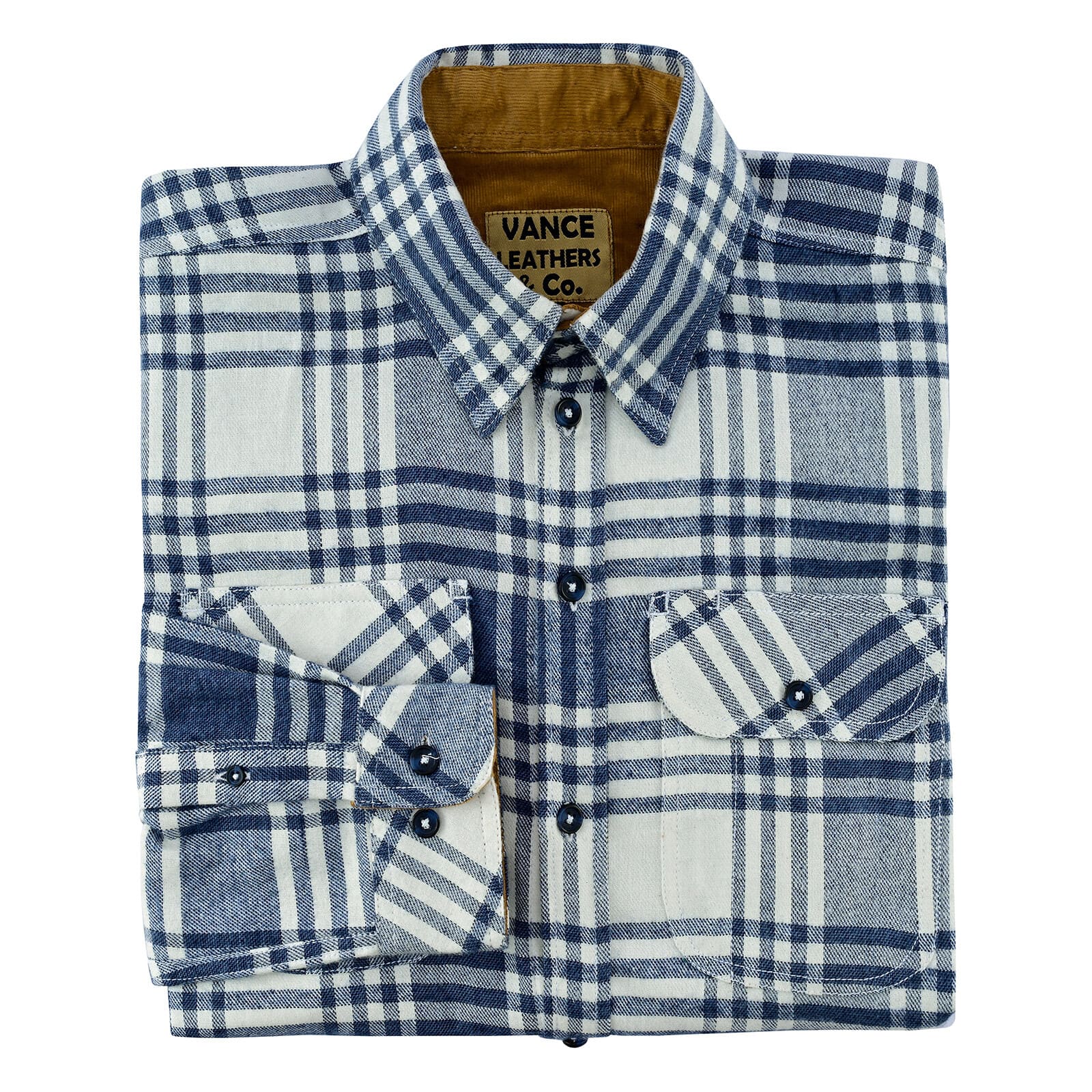 Men's Glacier Blue & White Long Sleeve Plaid Button Down Casual Flannel Shirt - Folded