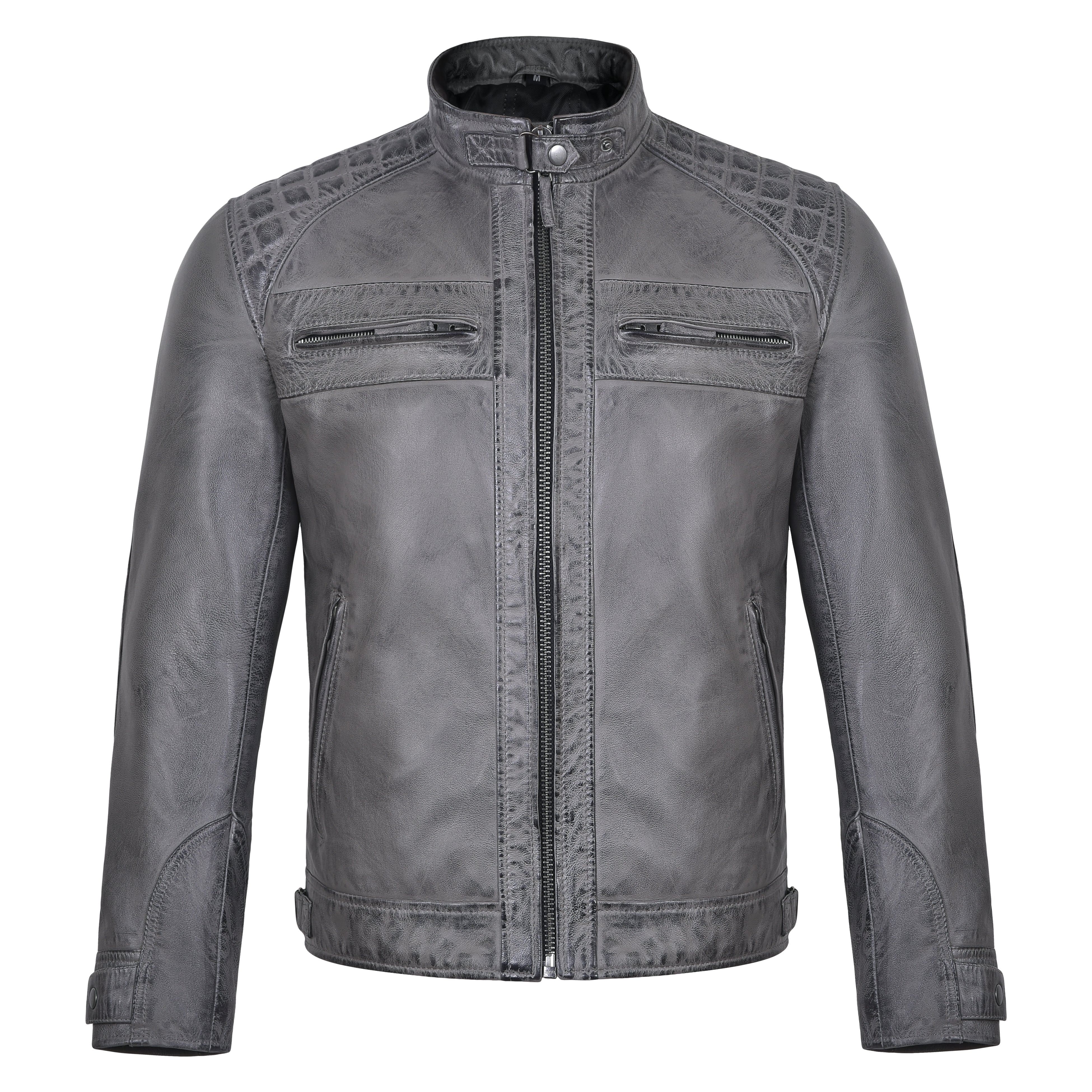 Men's Cafe Racer Waxed Lambskin Distressed Grey Motorcycle Leather Jacket - front