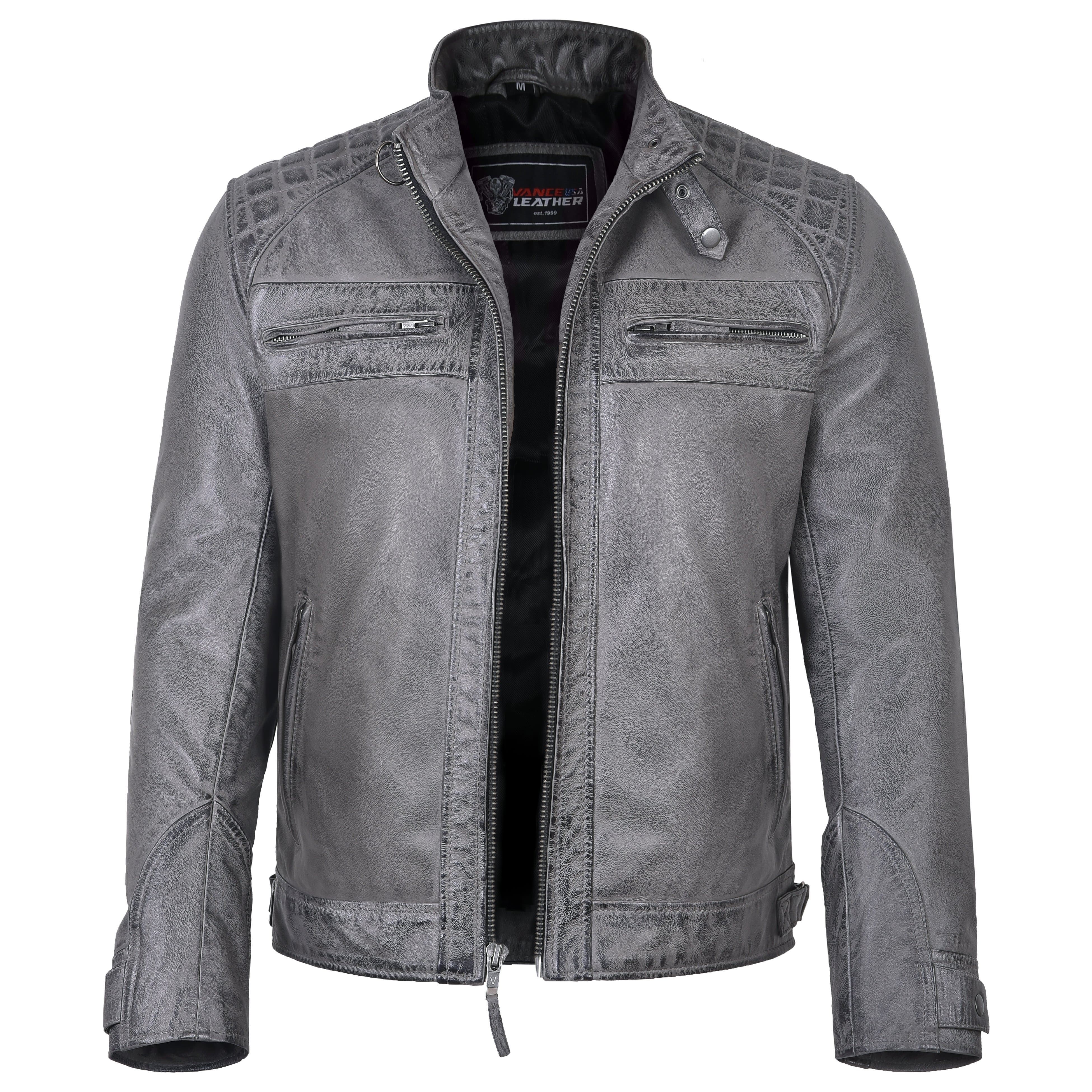 Men's Cafe Racer Waxed Lambskin Distressed Grey Motorcycle Leather Jacket - front zipper open