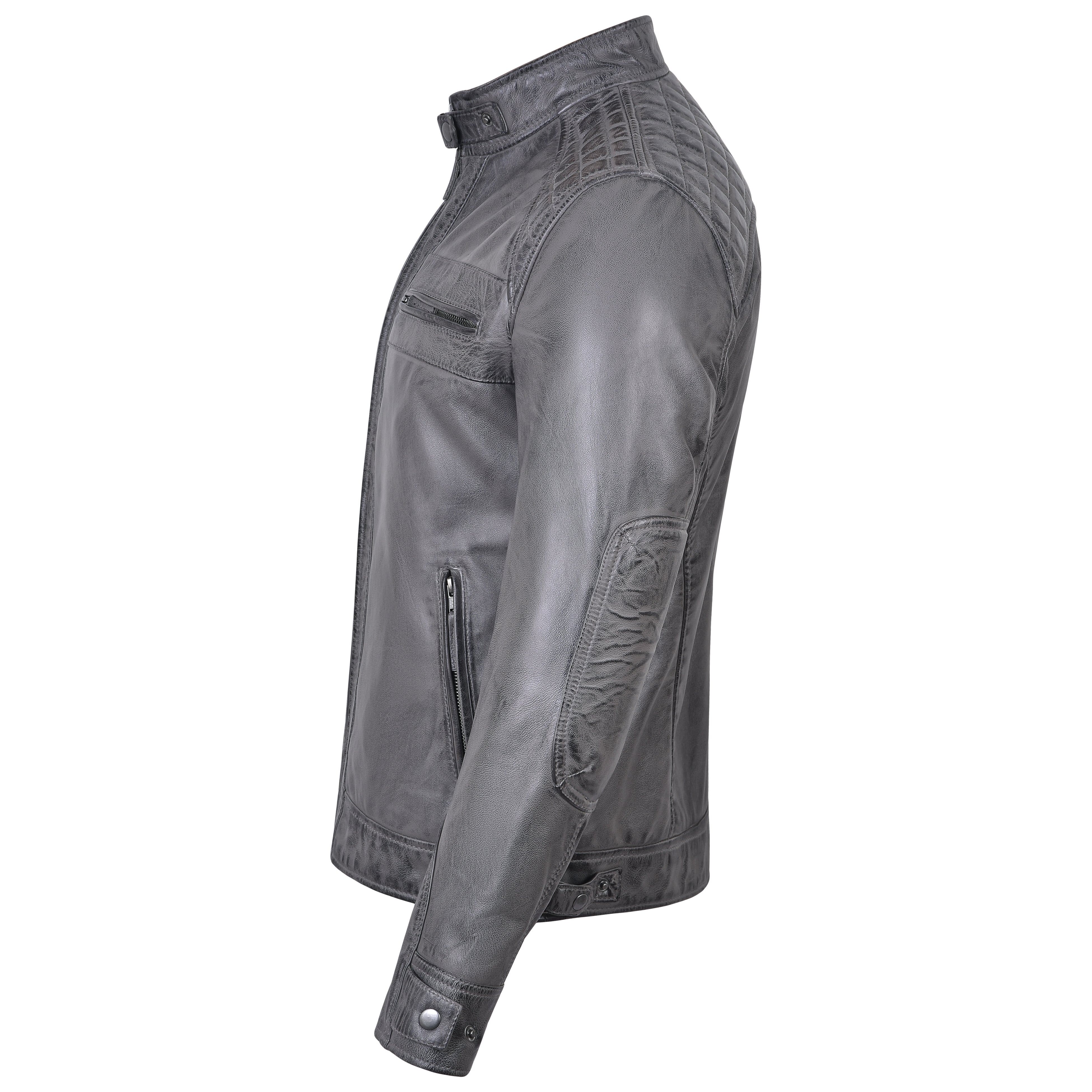 Men's Cafe Racer Waxed Lambskin Distressed Grey Motorcycle Leather Jacket - side 1