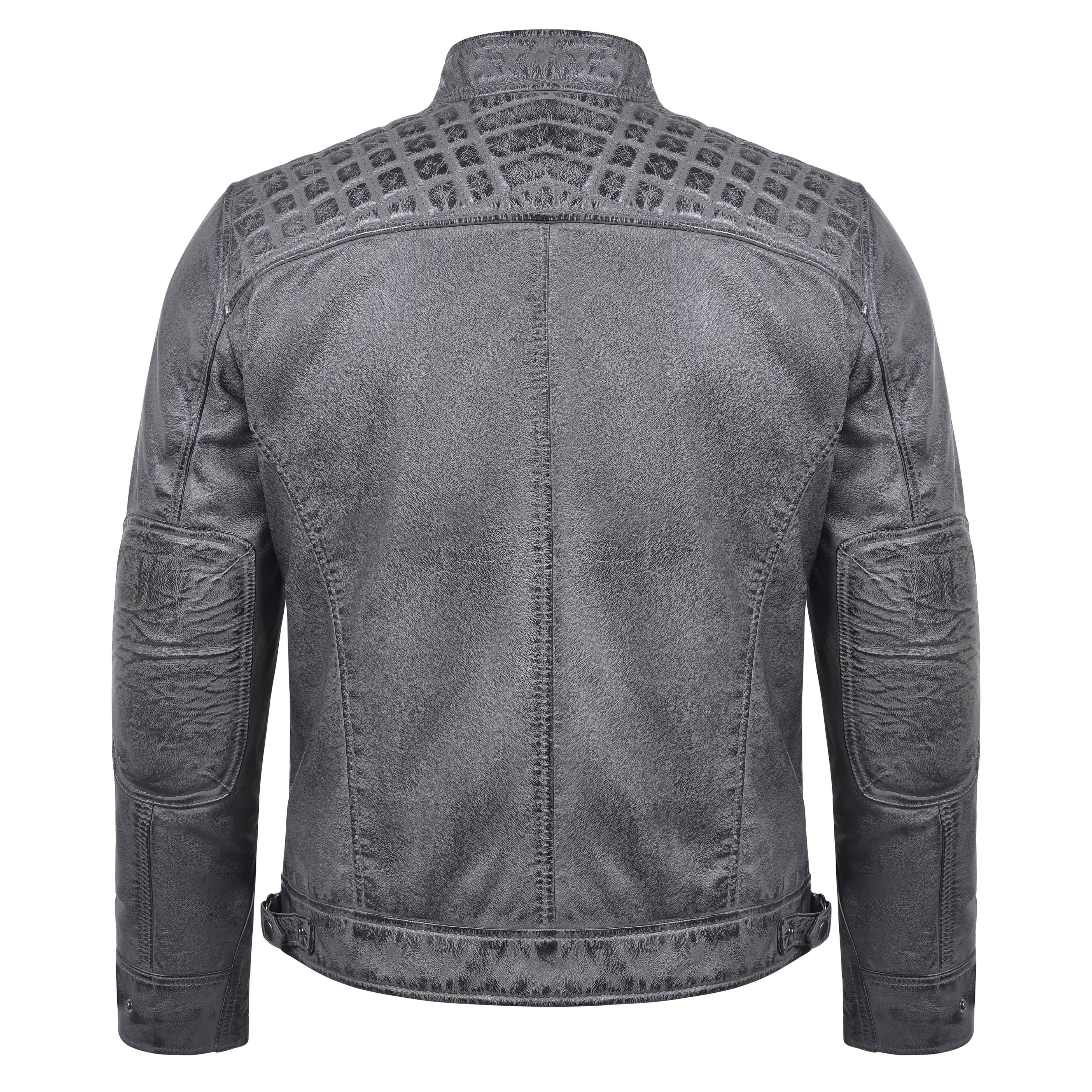 Men's Cafe Racer Waxed Lambskin Distressed Grey Motorcycle Leather Jacket - back