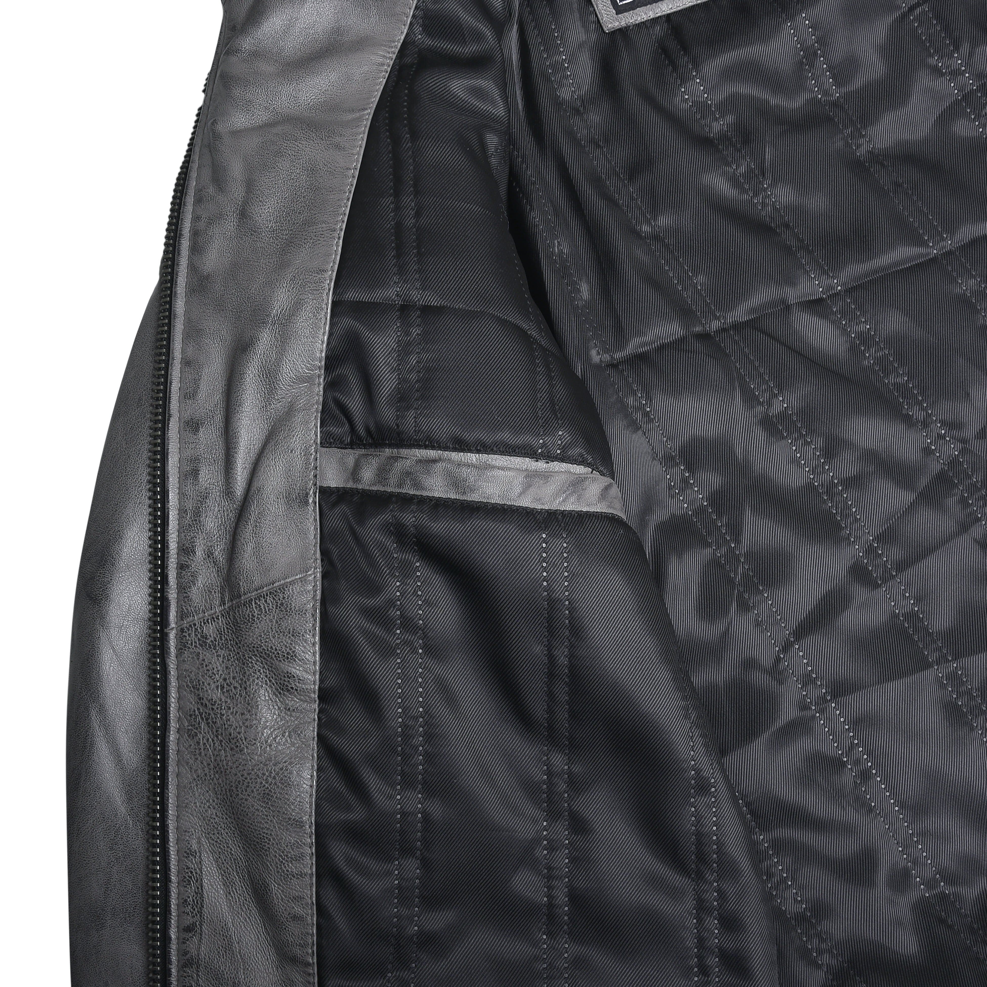 Men's Cafe Racer Waxed Lambskin Distressed Grey Motorcycle Leather Jacket - inside pockets 1