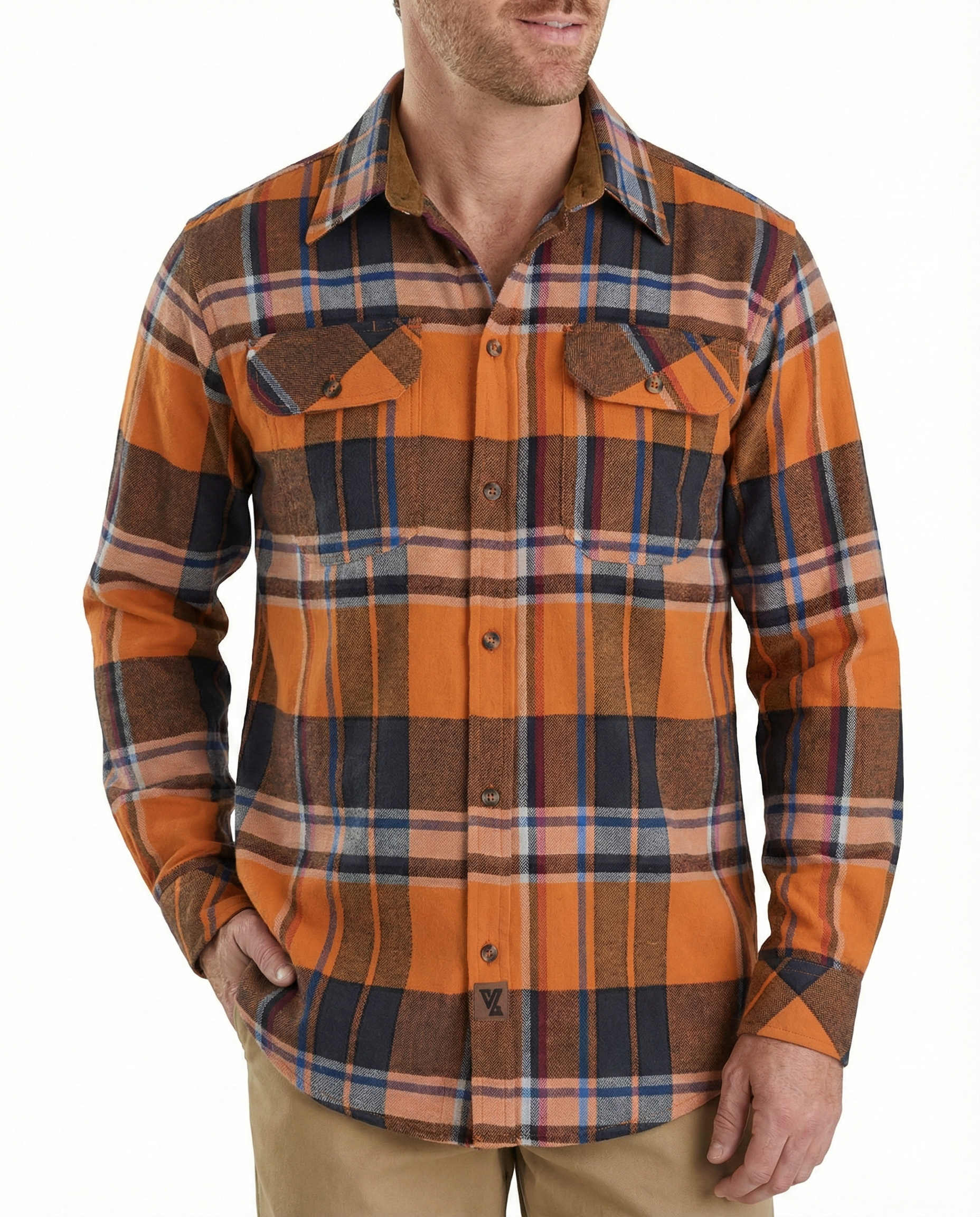 Men's Cobalt Long Sleeve Plaid Button Down Casual Flannel Shirt - Pic