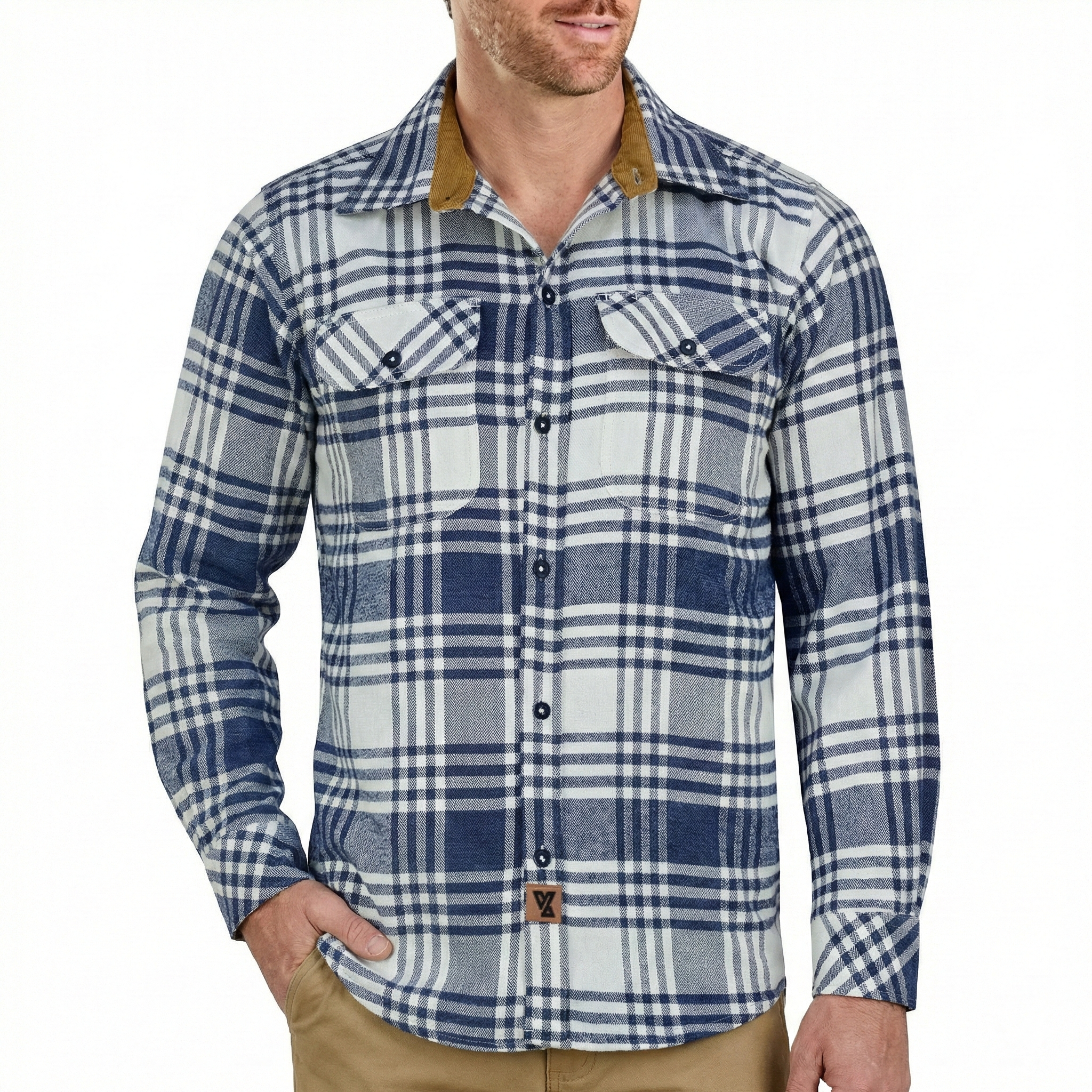 Men's Glacier Blue & White Long Sleeve Plaid Button Down Casual Flannel Shirt - Pic