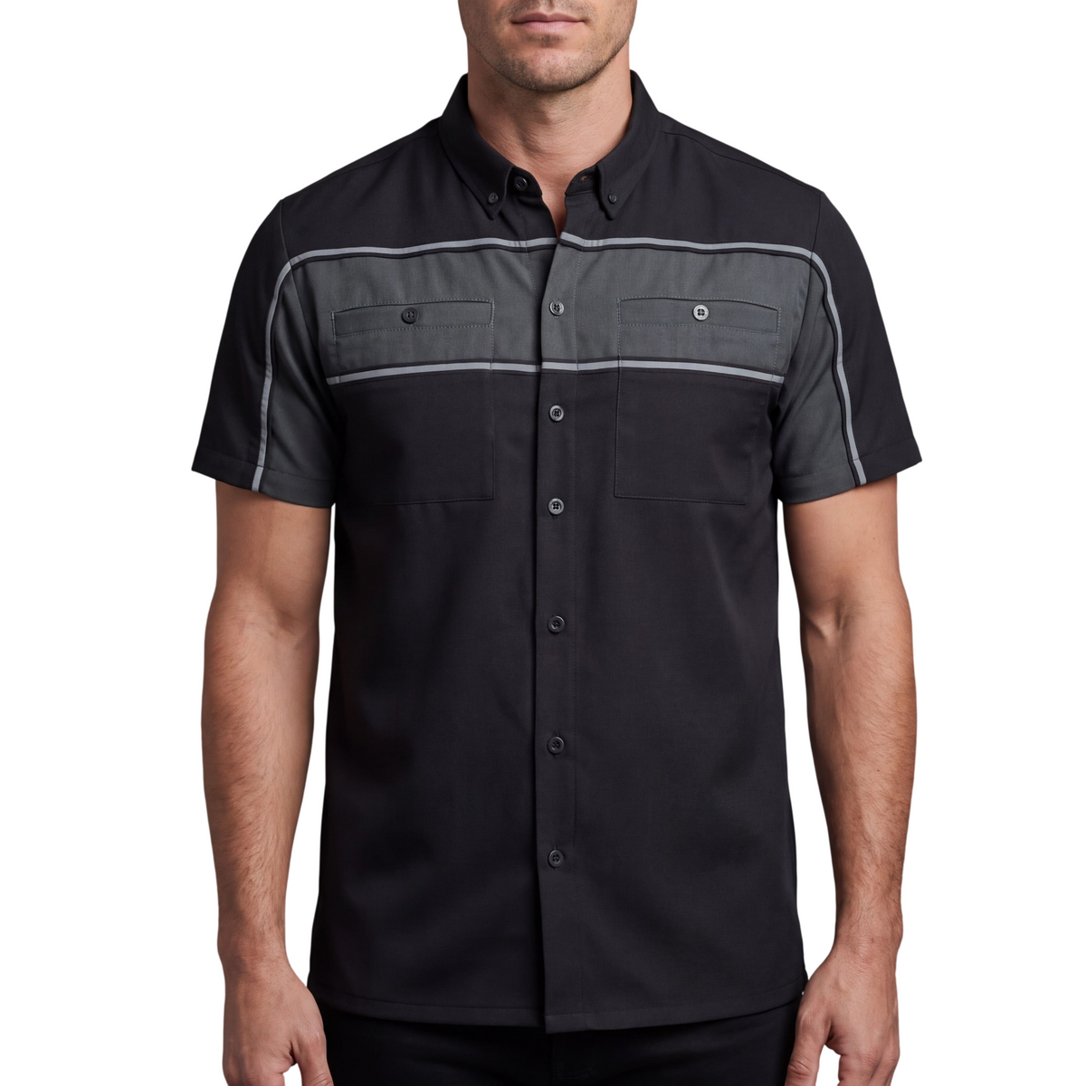 Vance Leather Men's Black Grey Short Sleeve Button Down Two Pockets Soft Casual Shirt - front